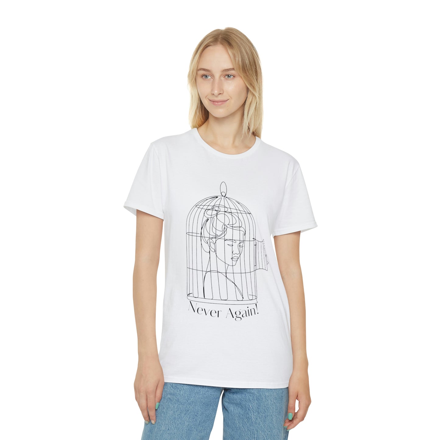 ‘Caged woman (front) See Me (back). Printed Front & Back.  Unisex Iconic T-Shirt