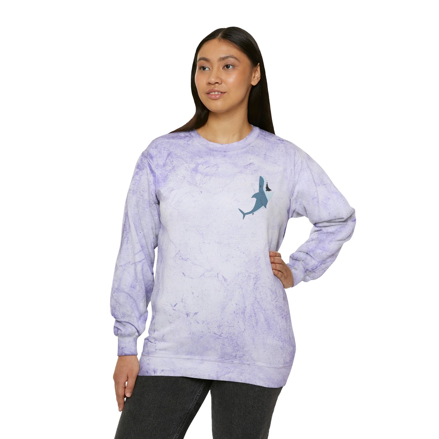 ‘Reel Women Fish’ Printed on both sides.  Unisex Color Blast Crewneck Sweatshirt