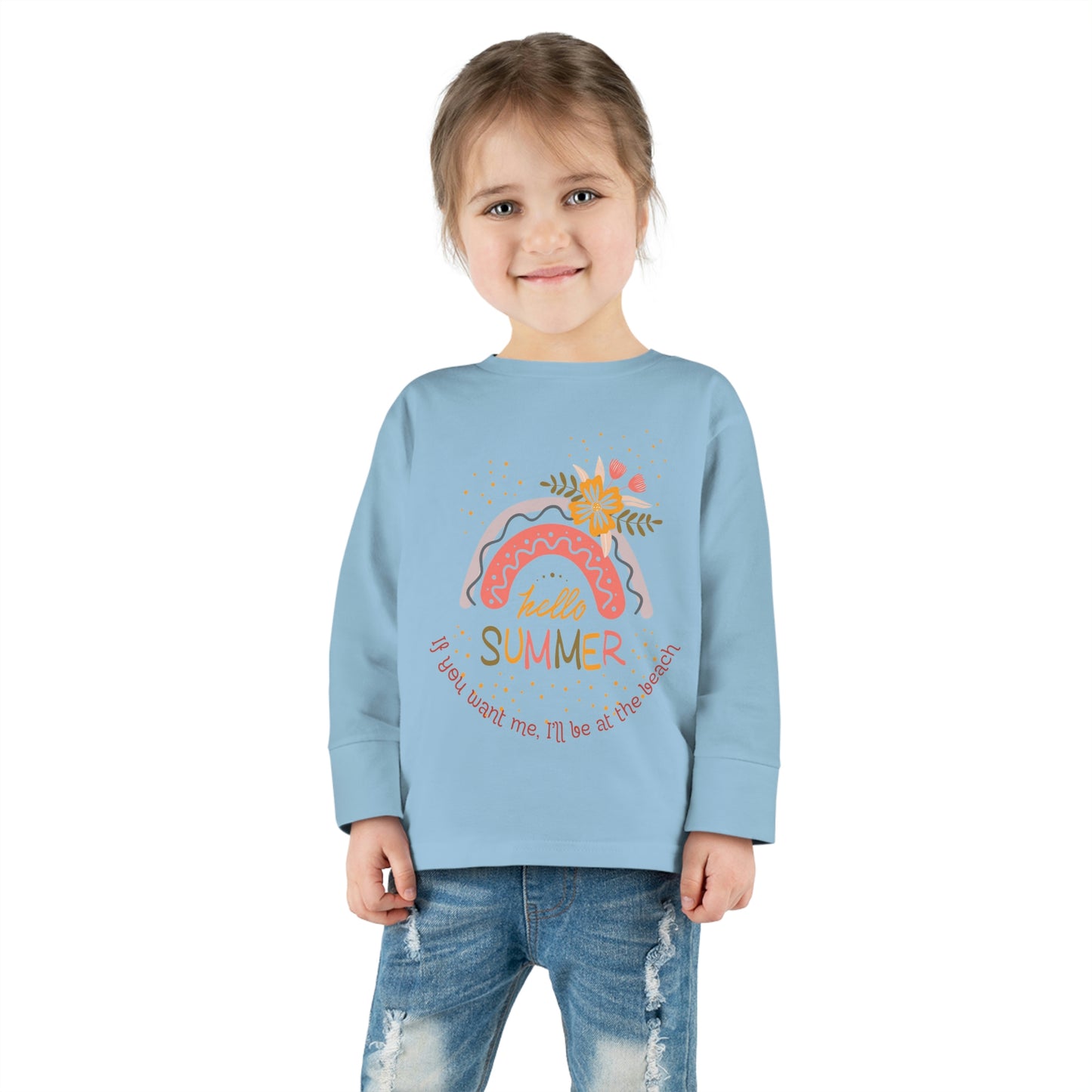 ‘If you want me, I’ll be at the beach’ Printed Front & Back. Toddler Long Sleeve Tee