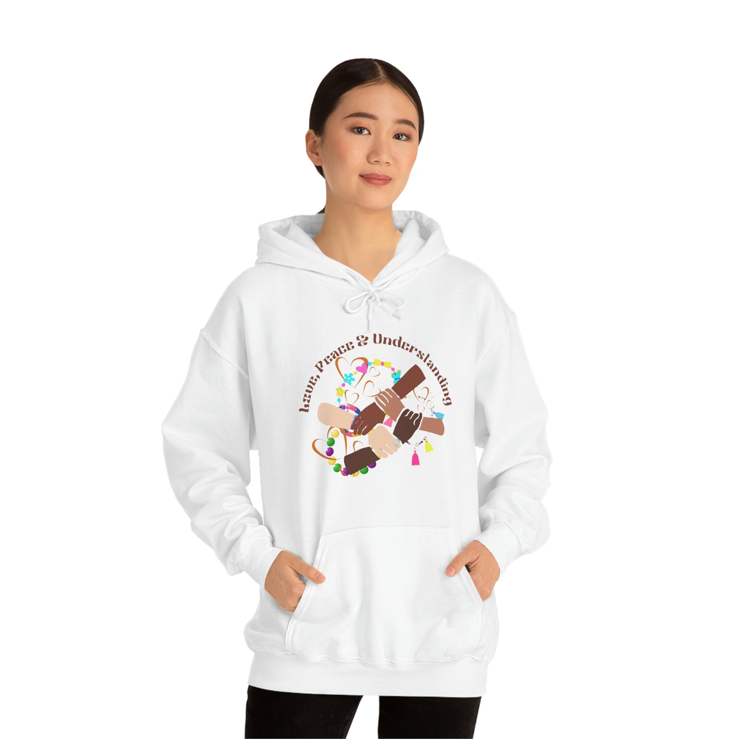 ‘Love, Peace & Understanding’ Printed Front & Back.   Unisex Heavy Blend™ Hooded Sweatshirt