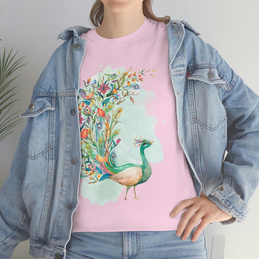 ‘Peacock’ PRINTED Front & Back   Heavy Cotton Tee