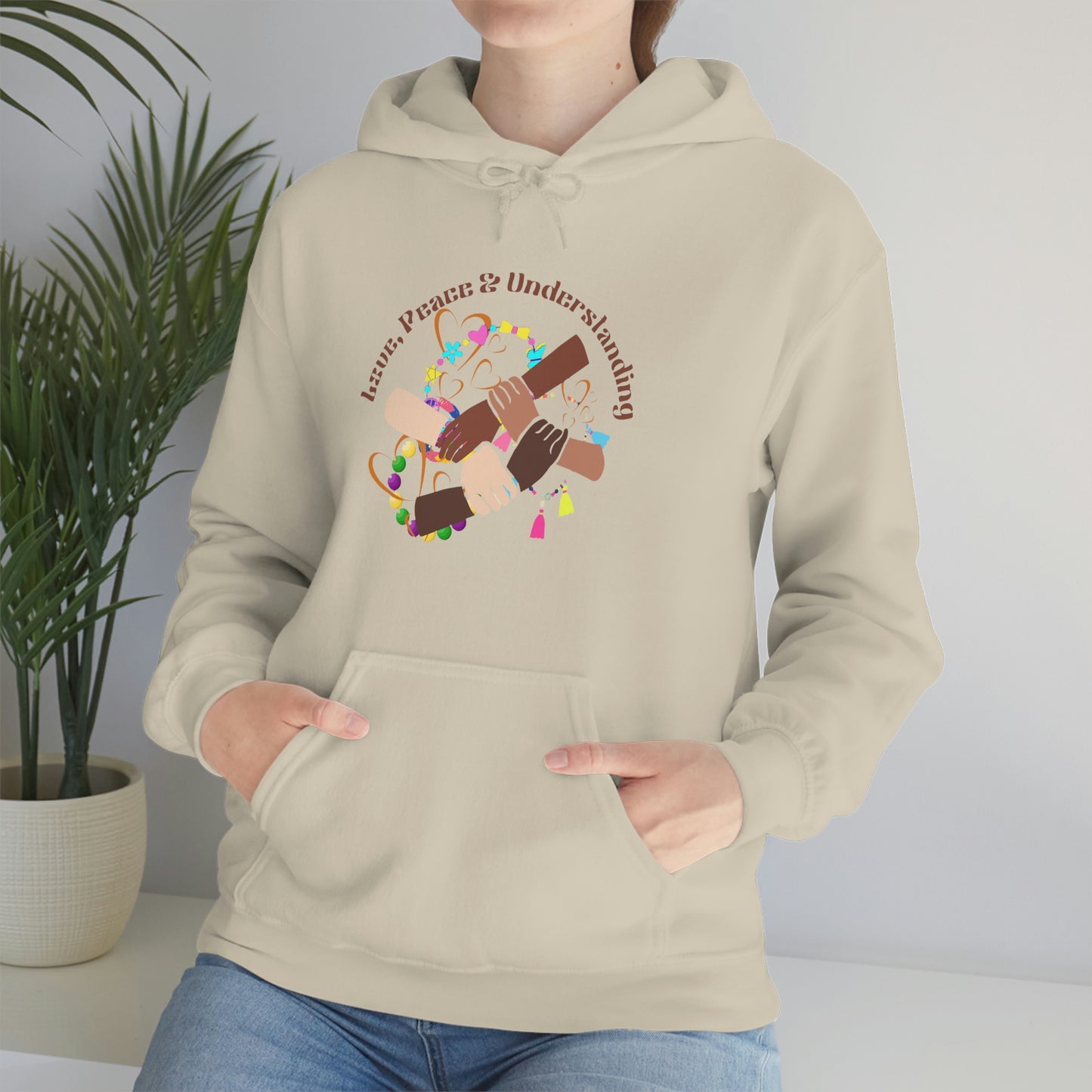 ‘Love, Peace & Understanding’ Printed Front & Back.   Unisex Heavy Blend™ Hooded Sweatshirt