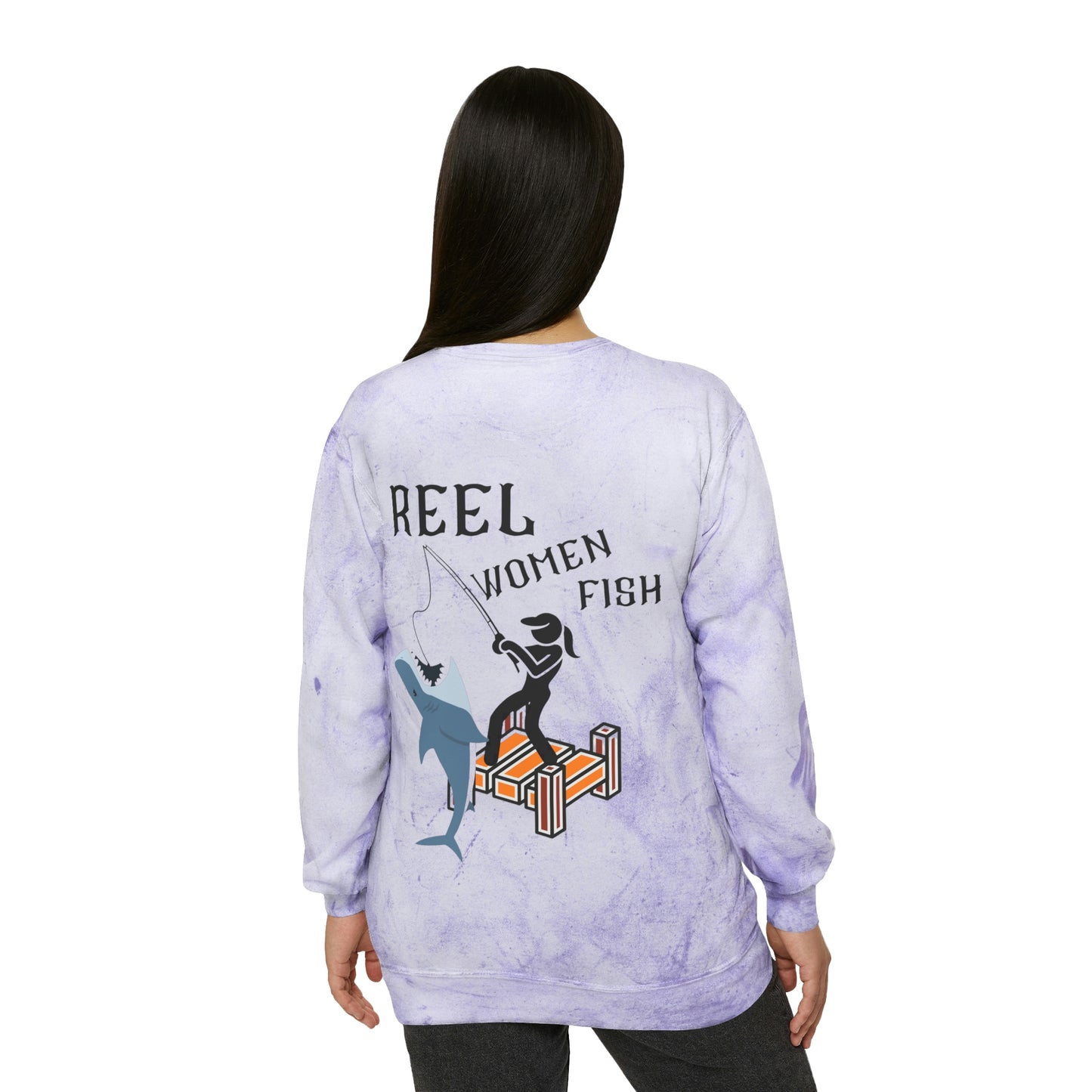 ‘Reel Women Fish’ Printed on both sides.  Unisex Color Blast Crewneck Sweatshirt