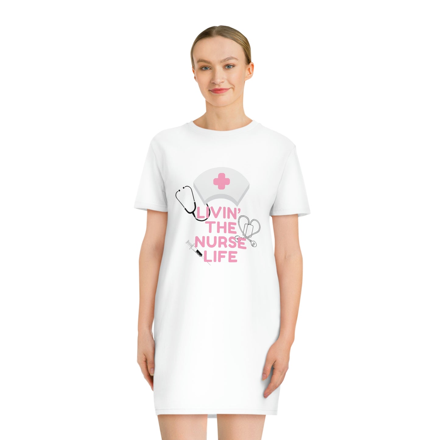 'Livin' The Nurse Life' impreso en ambos lados. Vestido camiseta con estampado orgánico