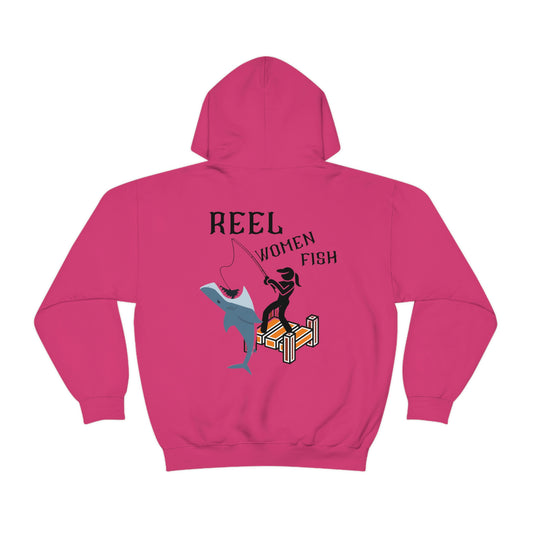 ‘Reel Women Fish’ Printed on both sides. Unisex Heavy Blend™ Hooded Sweatshirt