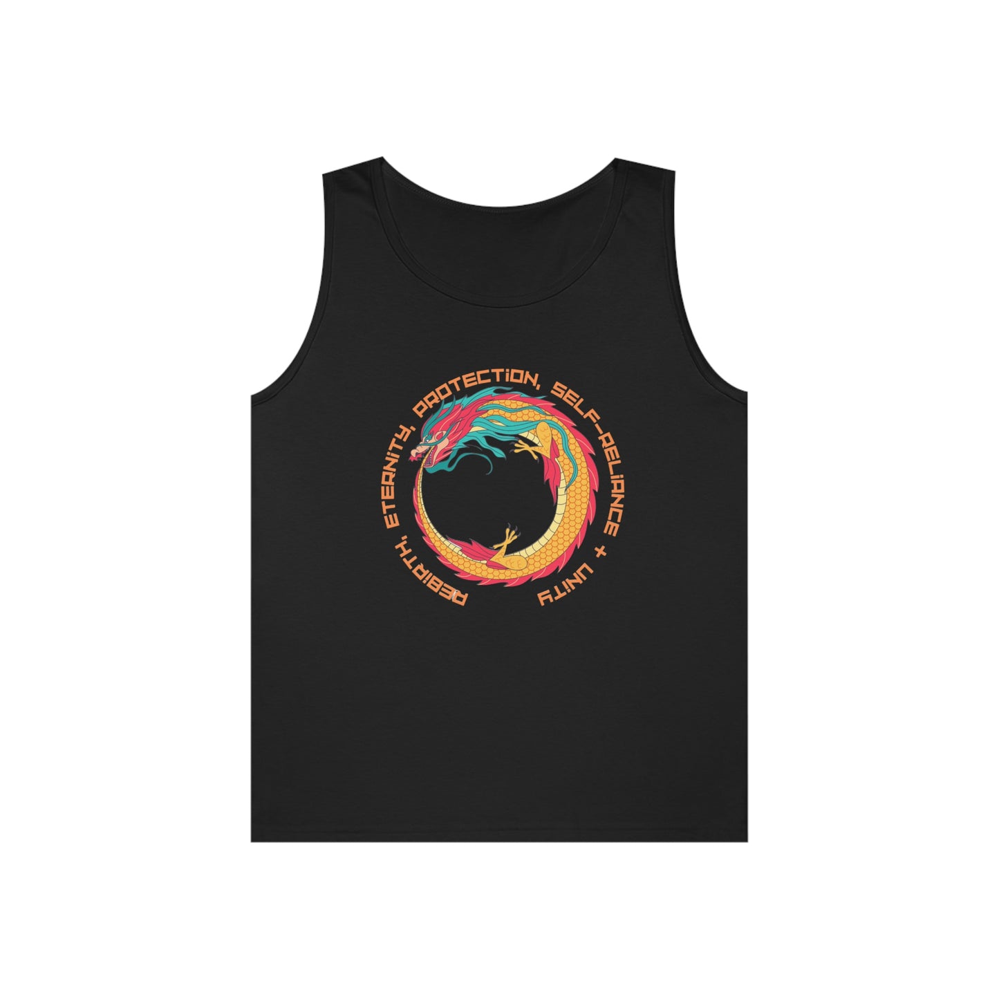 ‘The Ouroboros’ symbol of rebirth, eternity, protection, self-reliance & unity. Printed Front, Back. Unisex Heavy Cotton Tank Top