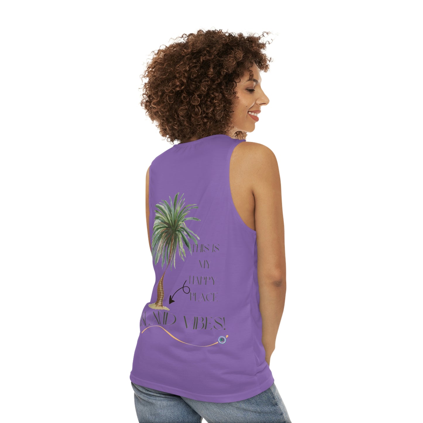 ‘This is my Happy Place. Island Vibes’ Printed Front & Back.  Unisex Tank Top (AOP)