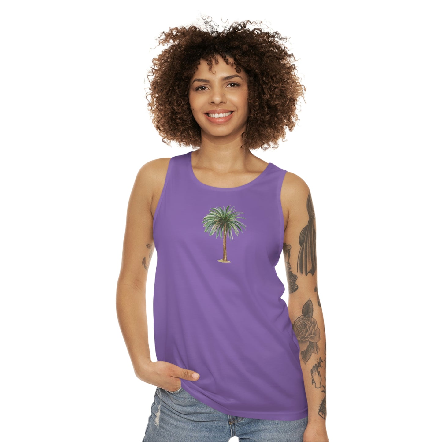 ‘This is my Happy Place. Island Vibes’ Printed Front & Back.  Unisex Tank Top (AOP)