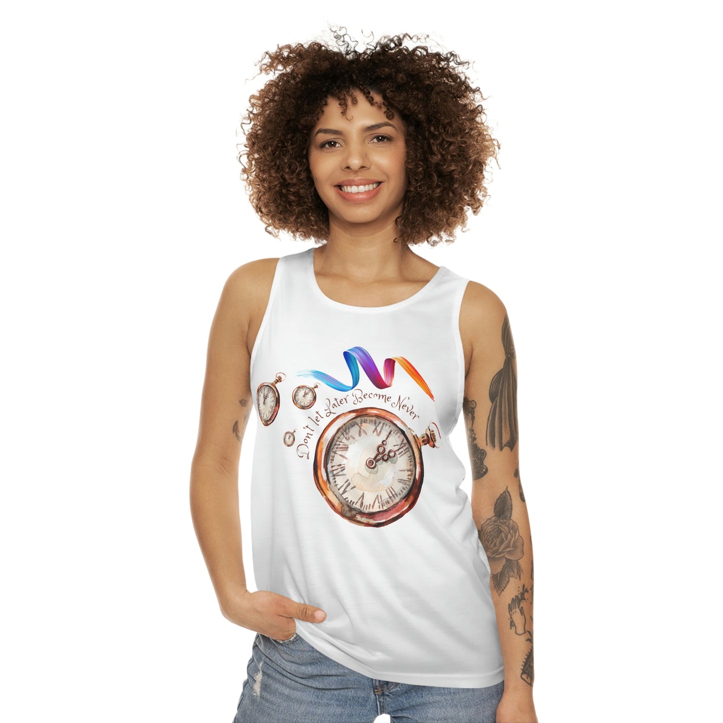 Don’t Let Later become Never. Unisex Tank Top (AOP)