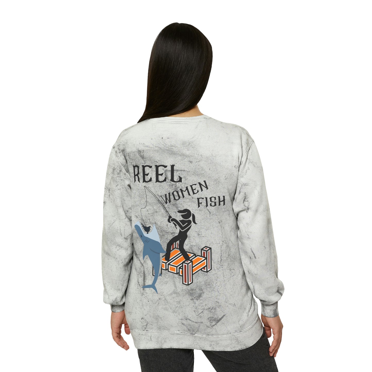 ‘Reel Women Fish’ Printed on both sides.  Unisex Color Blast Crewneck Sweatshirt