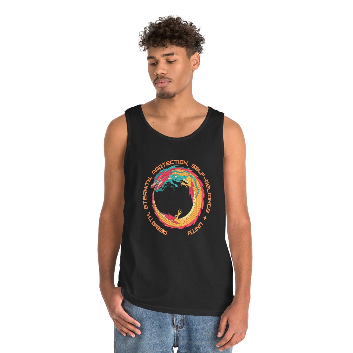 ‘The Ouroboros’ symbol of rebirth, eternity, protection, self-reliance & unity. Printed Front, Back. Unisex Heavy Cotton Tank Top