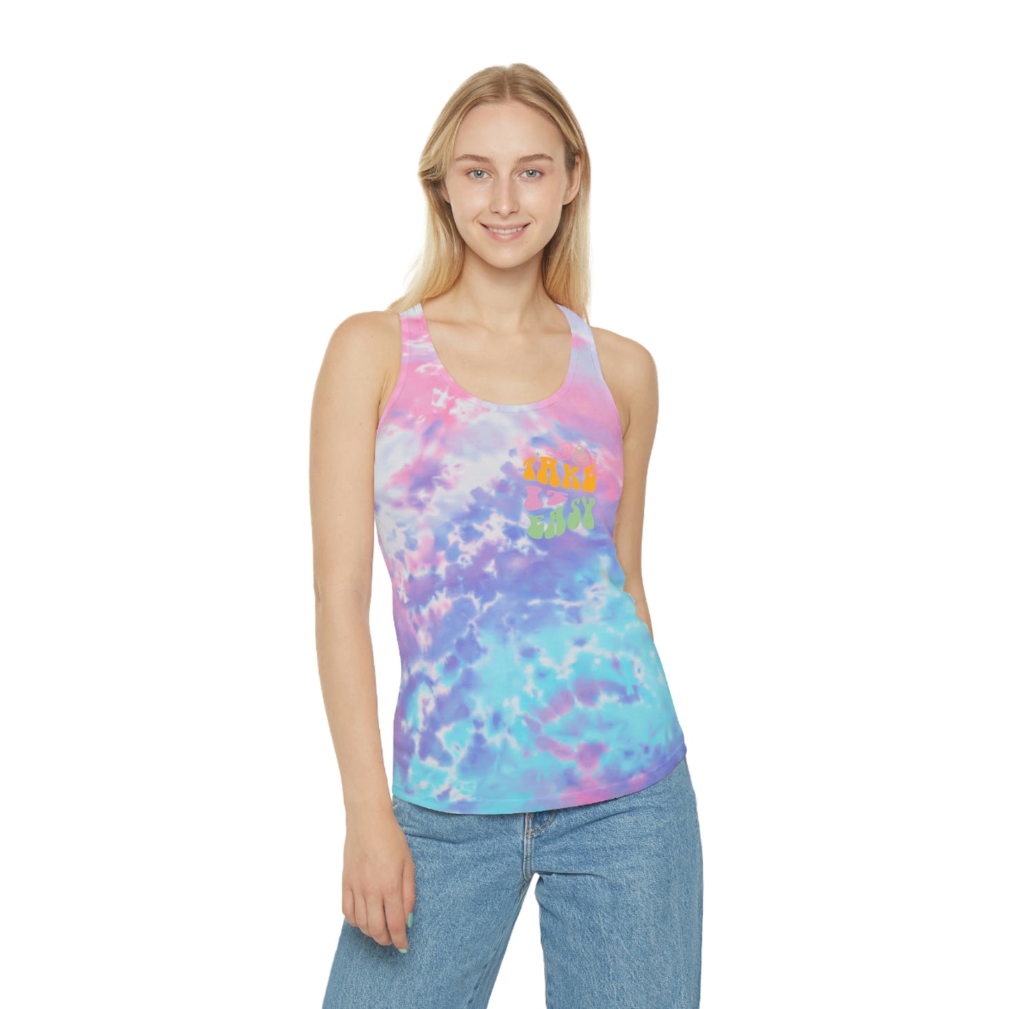 ‘Take it Easy’  PRINTED Front & Back  Tie Dye Racerback Tank Top