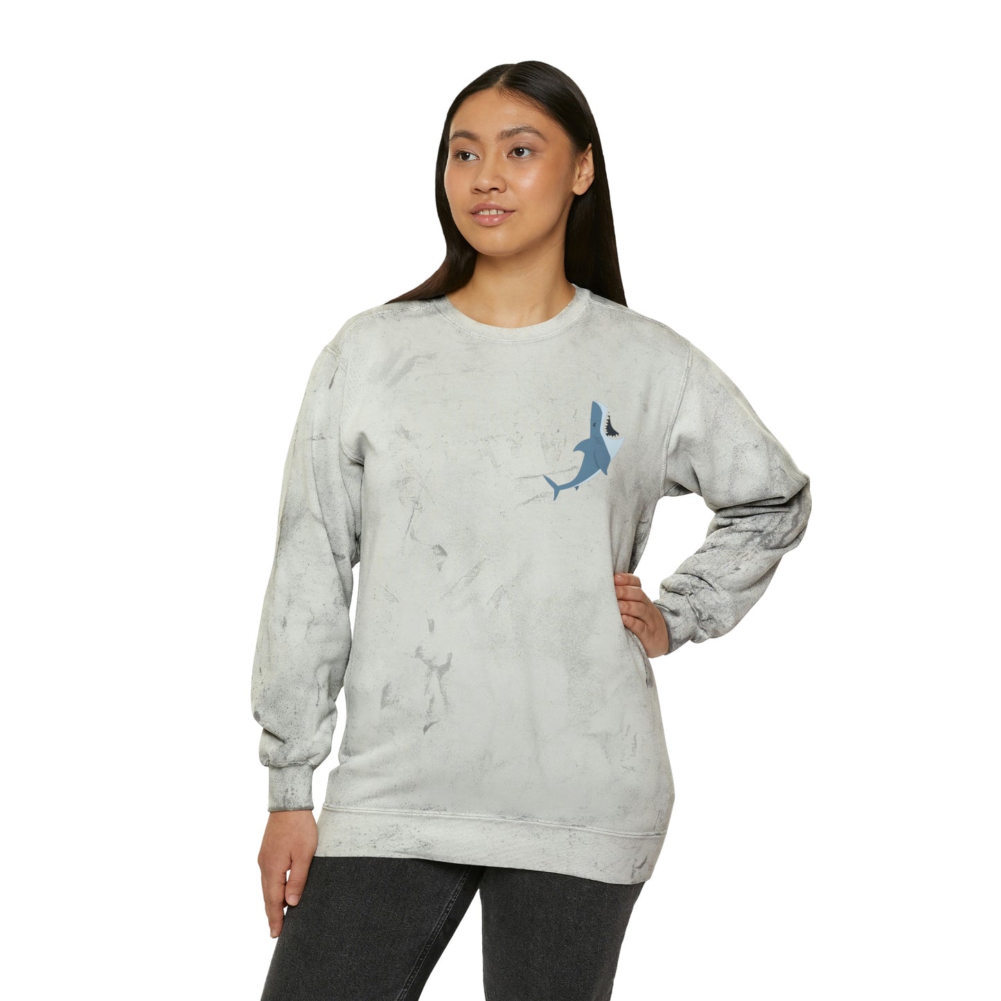 ‘Reel Women Fish’ Printed on both sides.  Unisex Color Blast Crewneck Sweatshirt