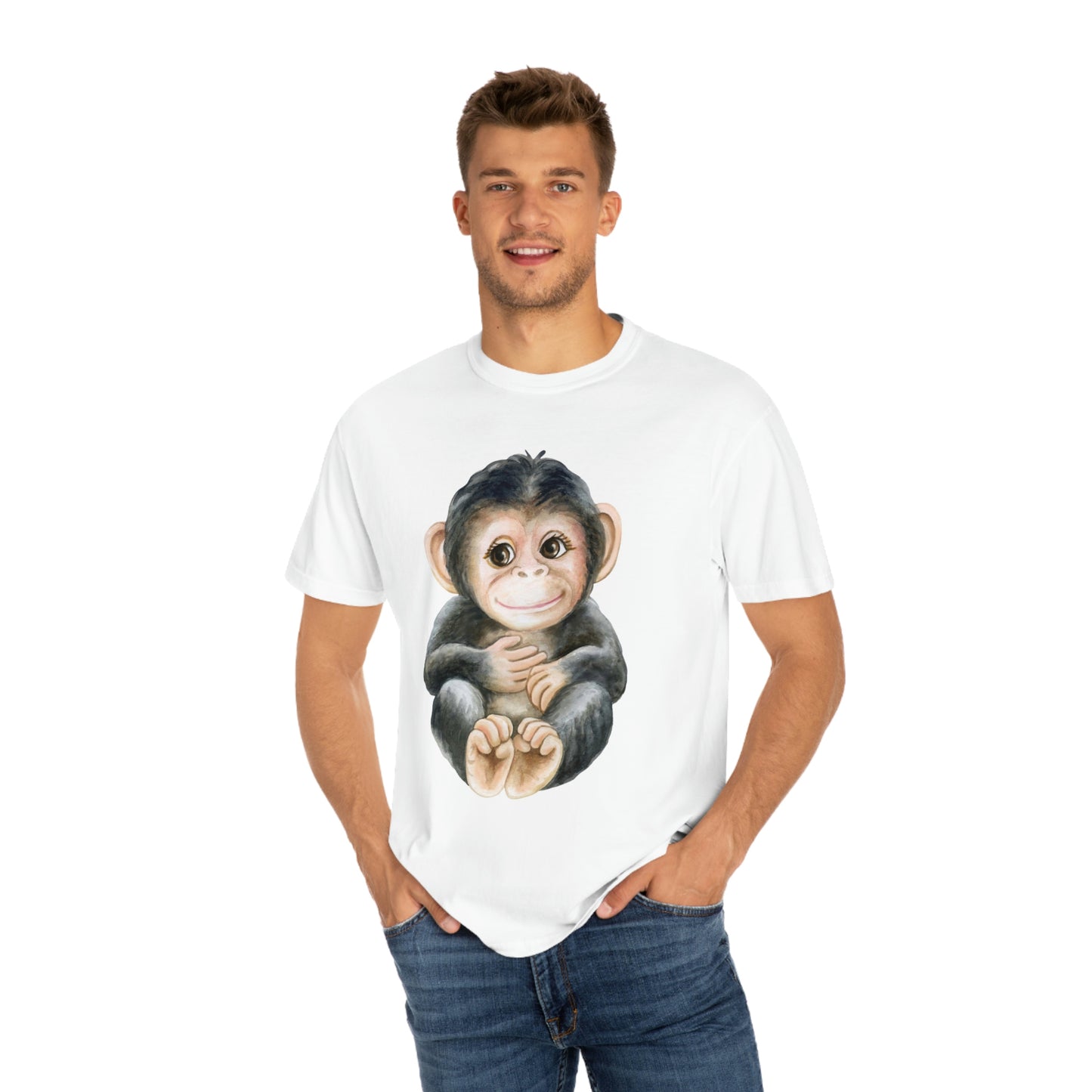 ‘Baby monkey’ Printed Front & Back.  Unisex Garment-Dyed T-shirt