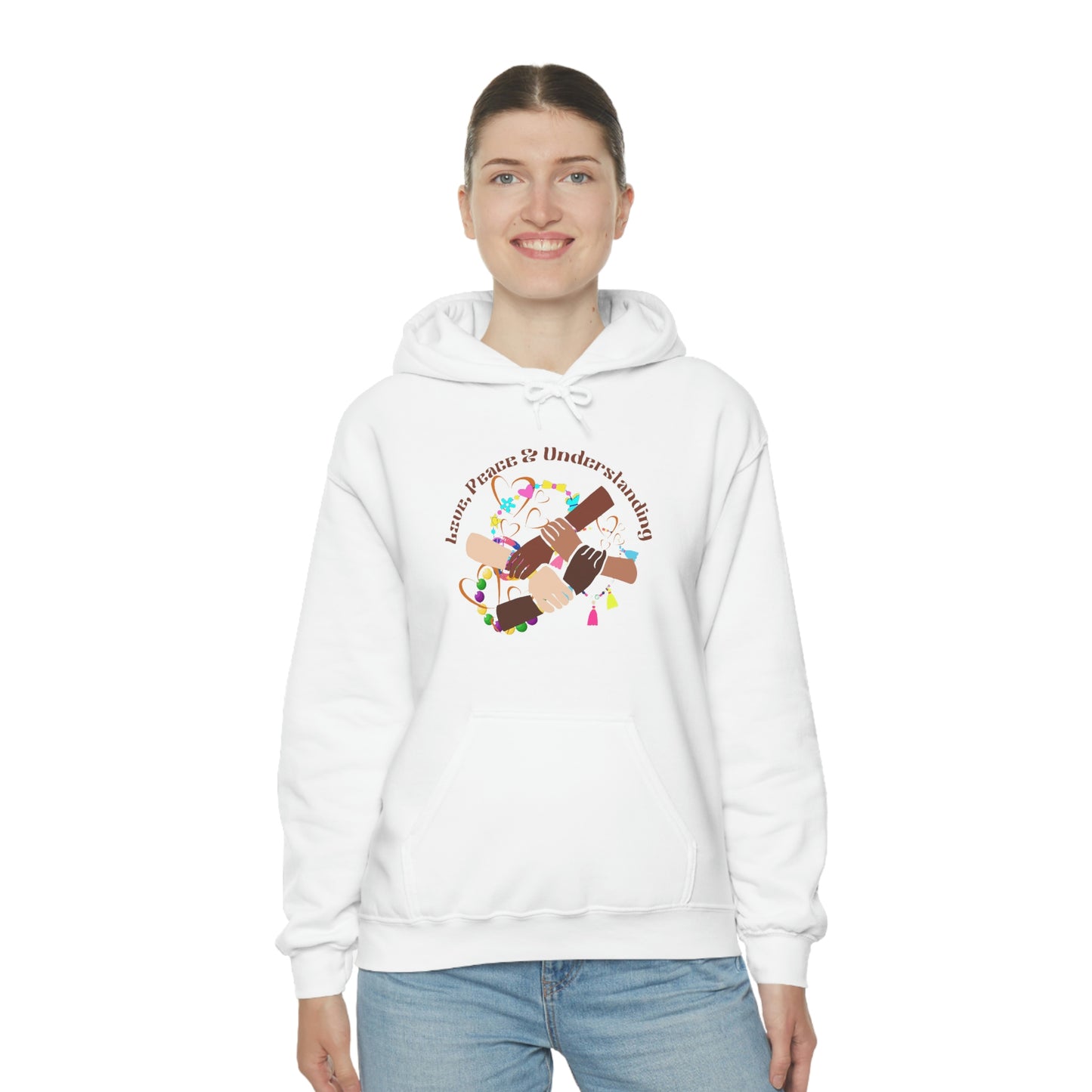 ‘Love, Peace & Understanding’ Printed Front & Back.   Unisex Heavy Blend™ Hooded Sweatshirt