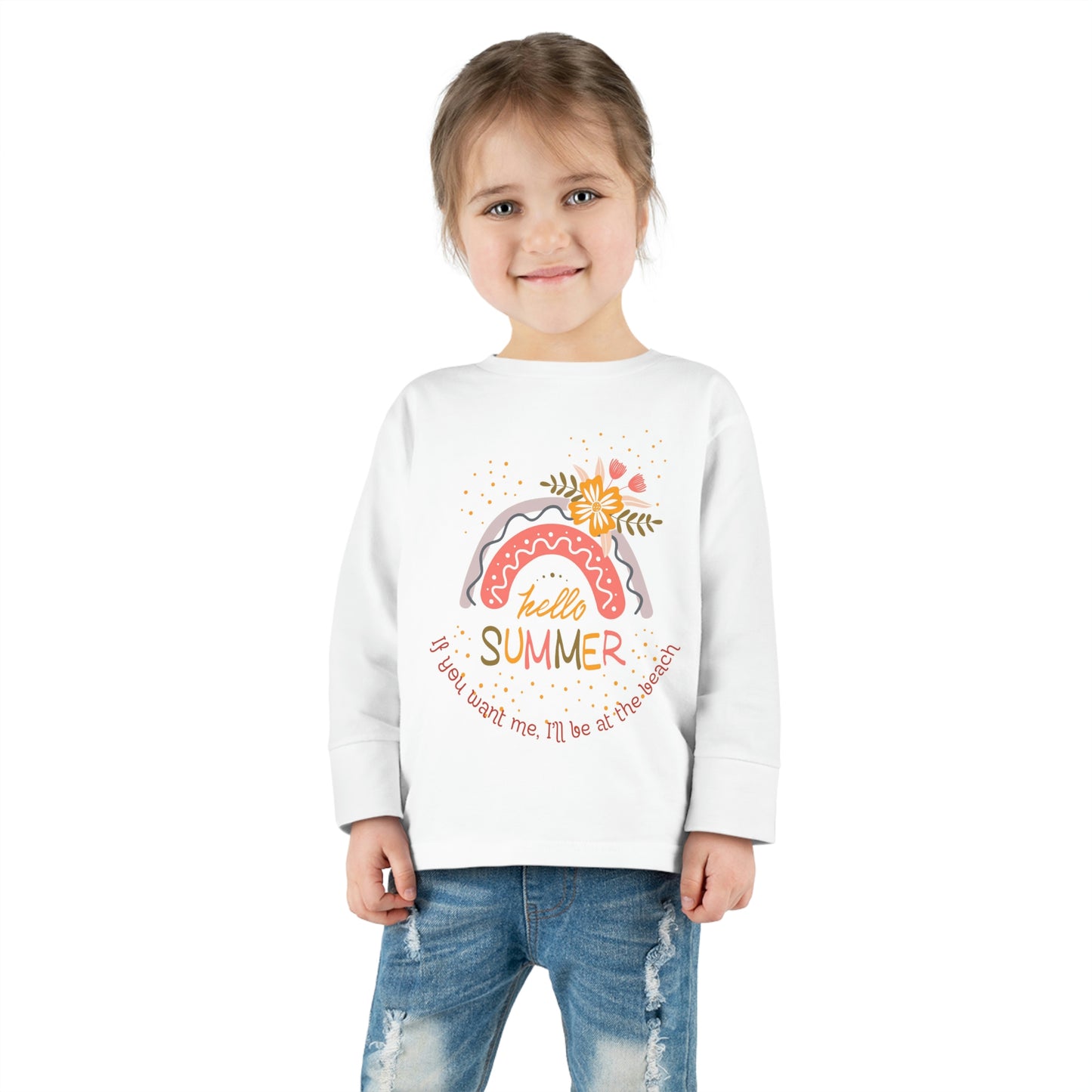 ‘If you want me, I’ll be at the beach’ Printed Front & Back. Toddler Long Sleeve Tee