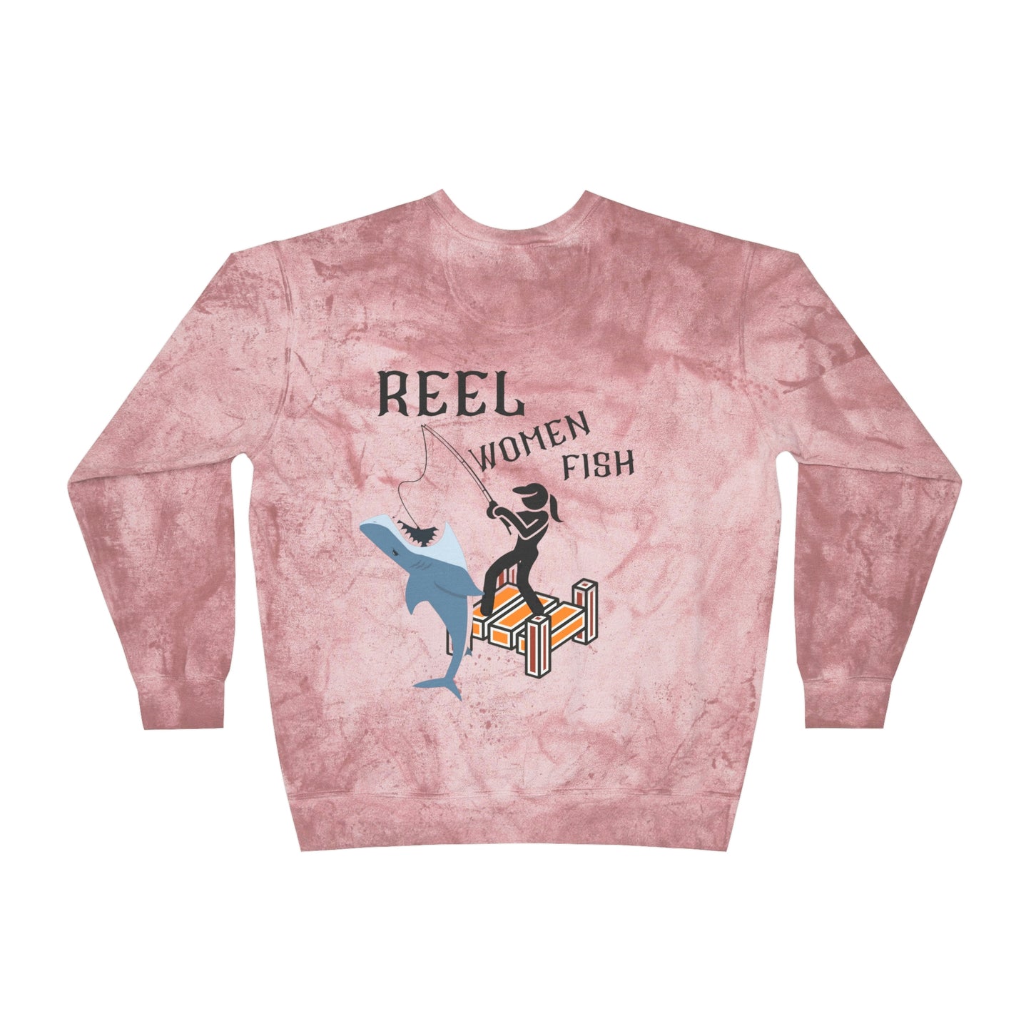 ‘Reel Women Fish’ Printed on both sides.  Unisex Color Blast Crewneck Sweatshirt