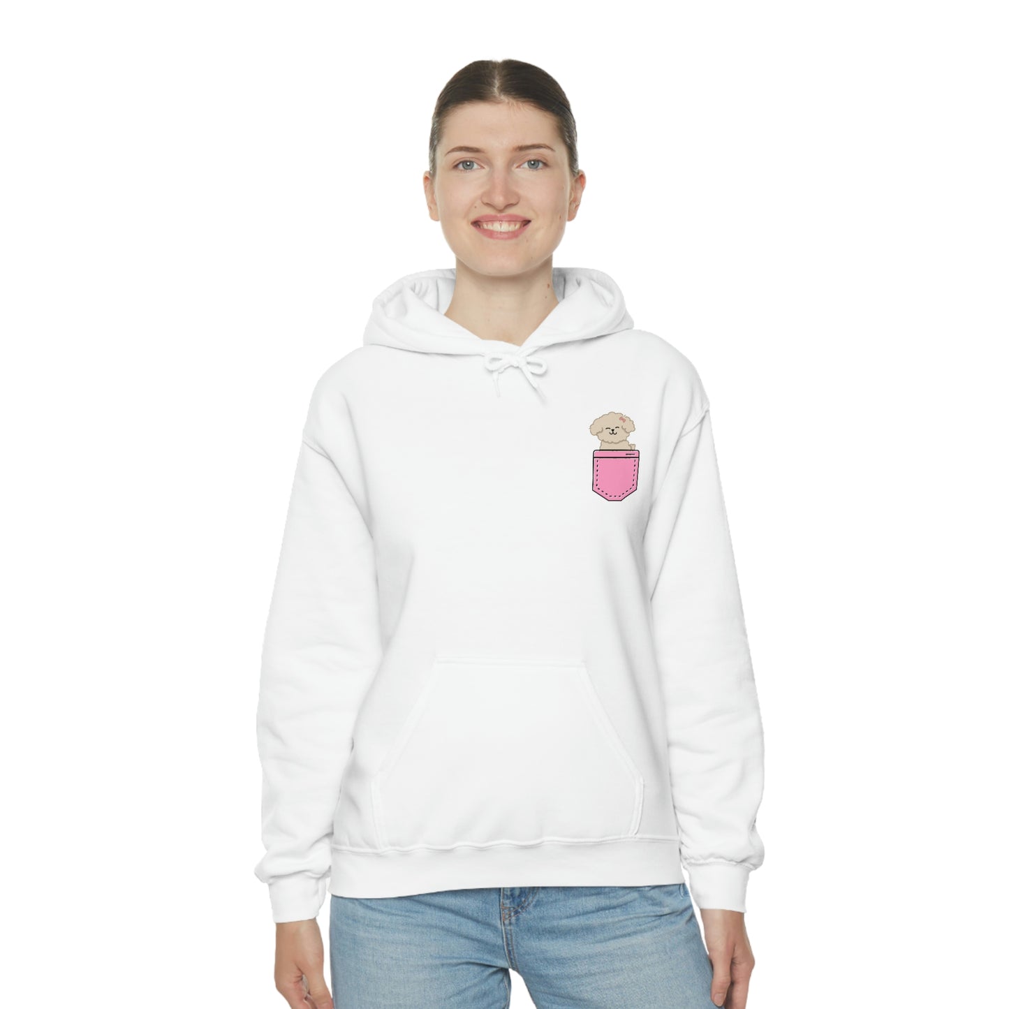 ‘Pocket Puppy’ Printed Front & Back.  Unisex Heavy Blend™ Hooded Sweatshirt