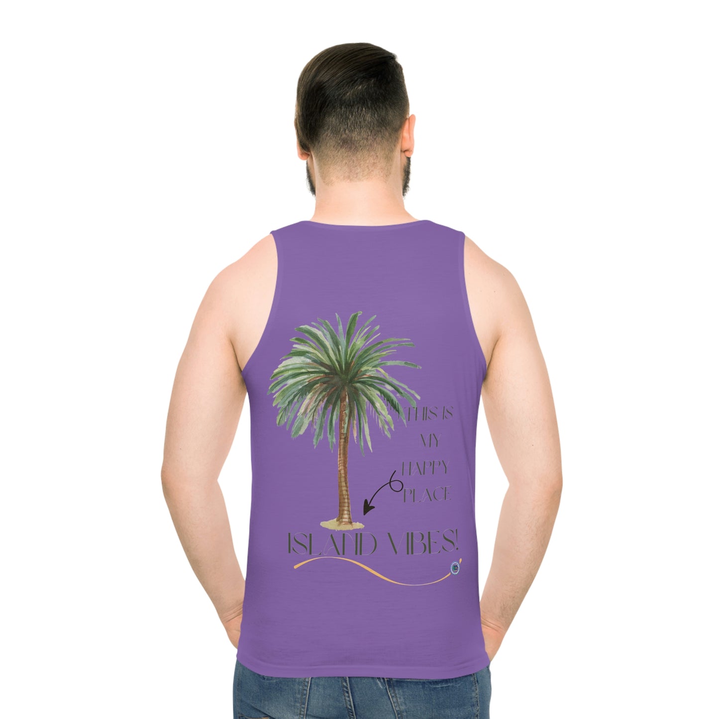 ‘This is my Happy Place. Island Vibes’ Printed Front & Back.  Unisex Tank Top (AOP)