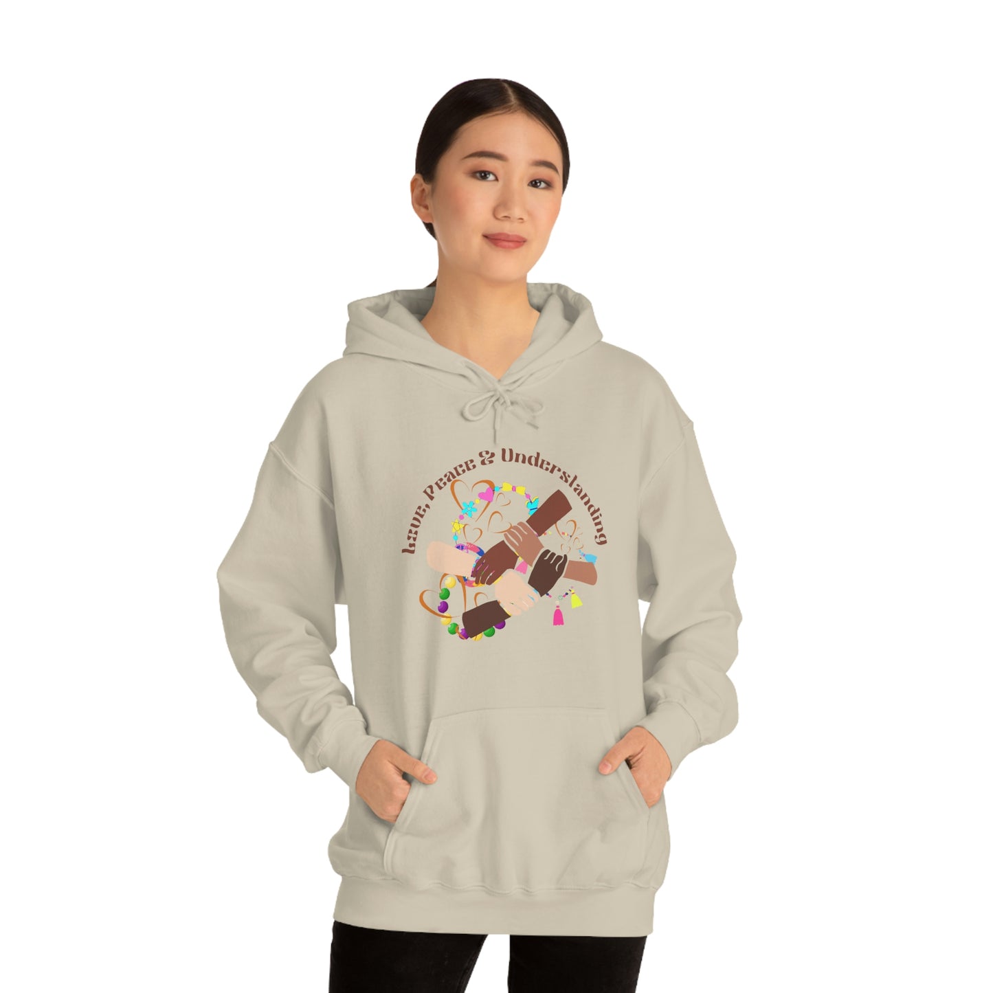 ‘Love, Peace & Understanding’ Printed Front & Back.   Unisex Heavy Blend™ Hooded Sweatshirt