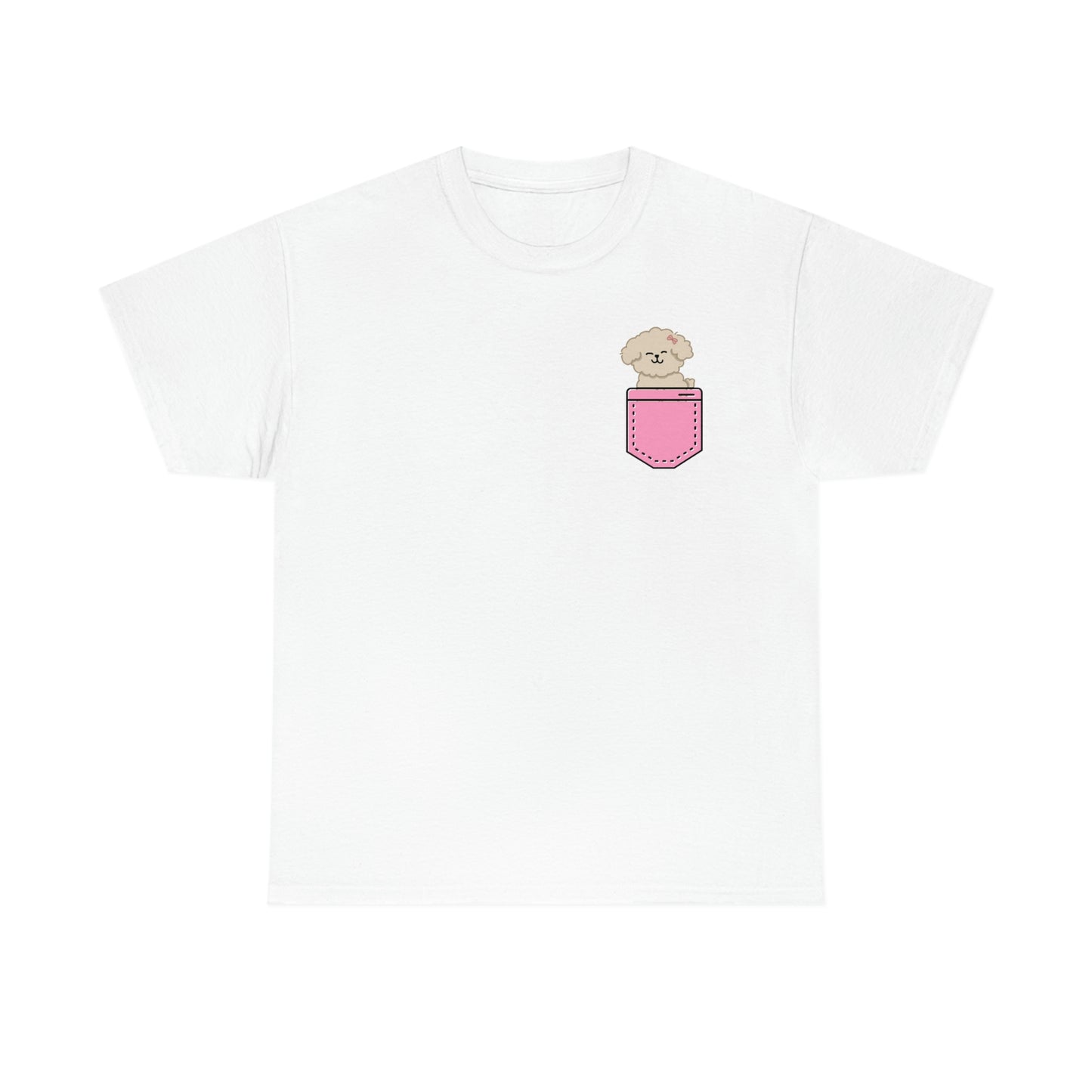 ‘Pocket Puppy’ Printed Front & Back. Unisex Heavy Cotton Tee