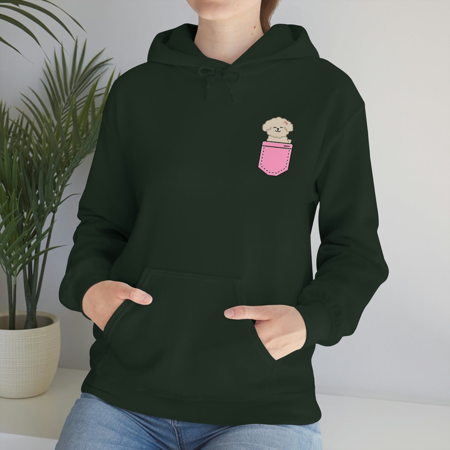 ‘Pocket Puppy’ Printed Front & Back.  Unisex Heavy Blend™ Hooded Sweatshirt