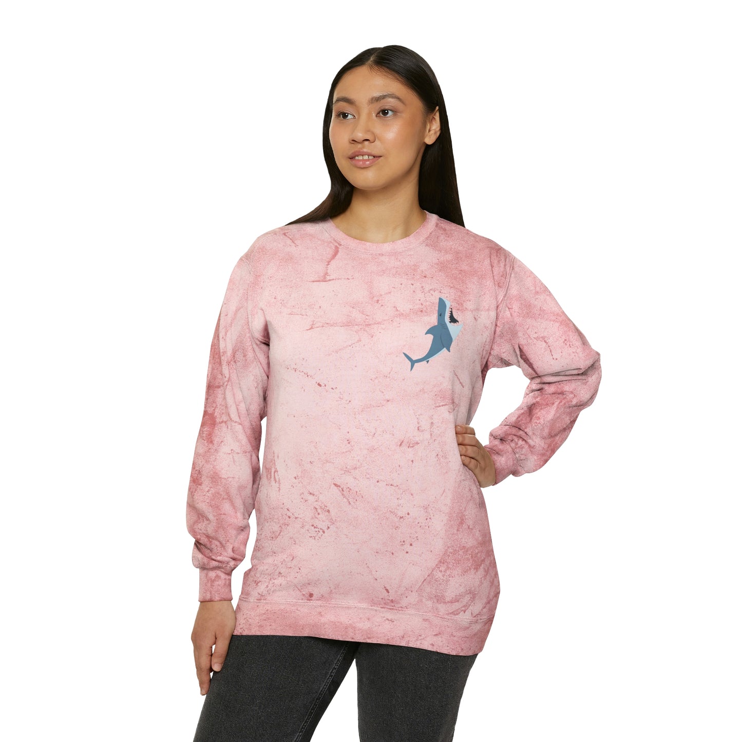 ‘Reel Women Fish’ Printed on both sides.  Unisex Color Blast Crewneck Sweatshirt