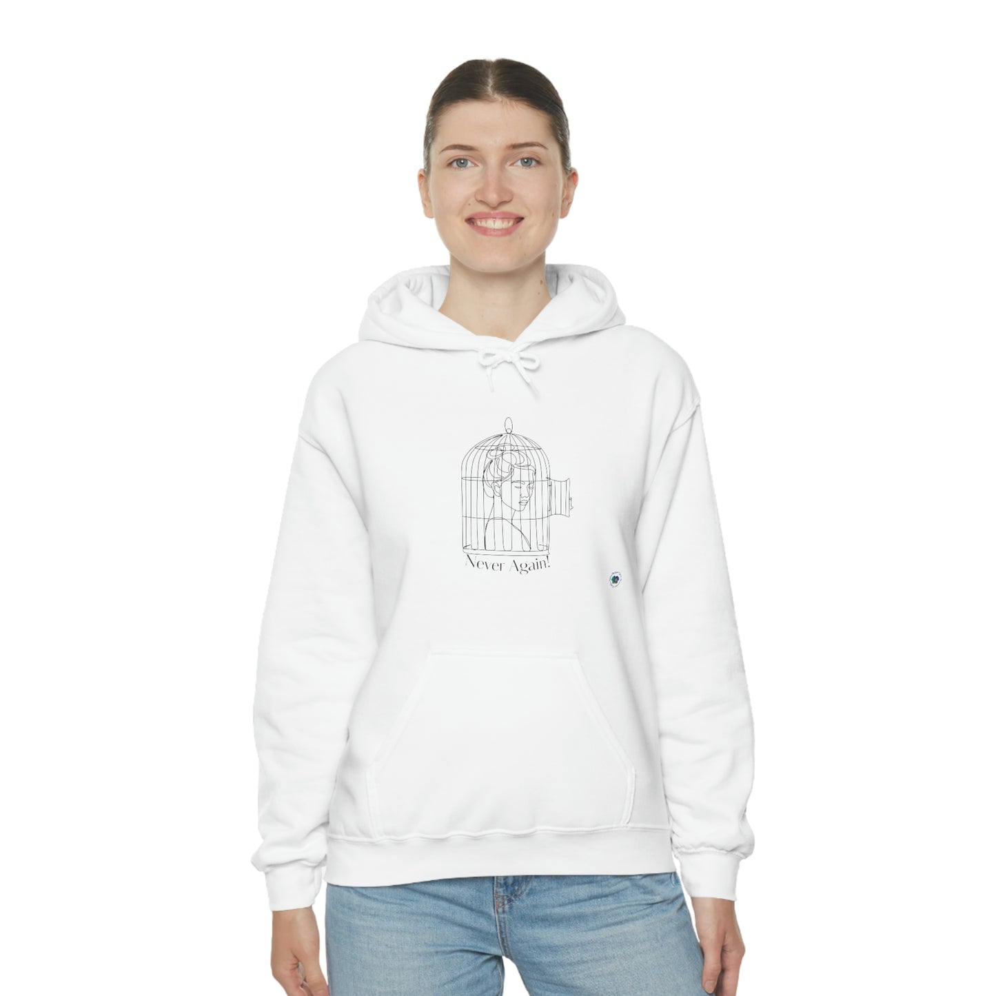 ‘Never Again’ Caged Woman. Printed Front & Back Unisex Heavy Blend™ Hooded Sweatshirt