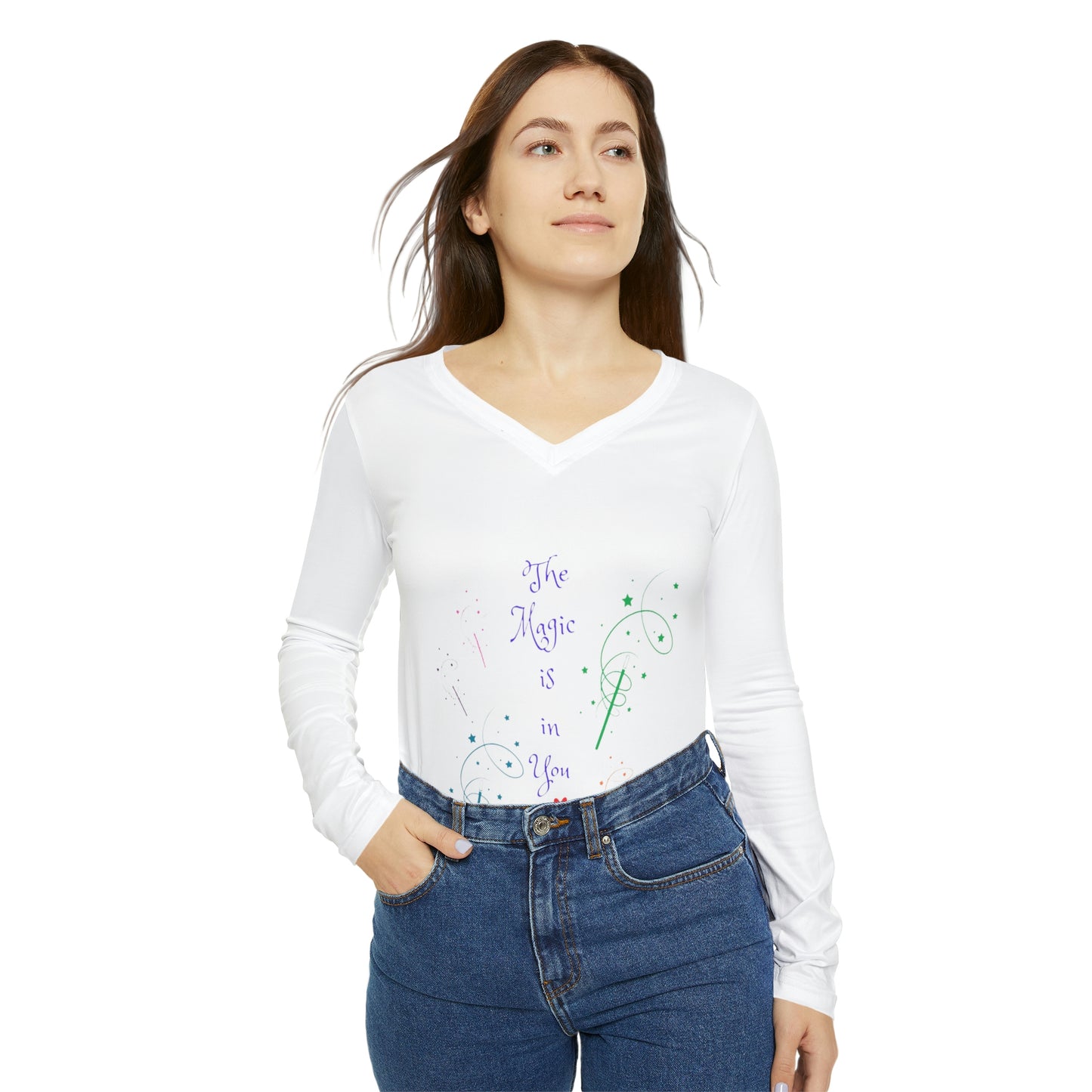 Camiseta de manga larga con cuello en V para mujer 'La magia está en ti'