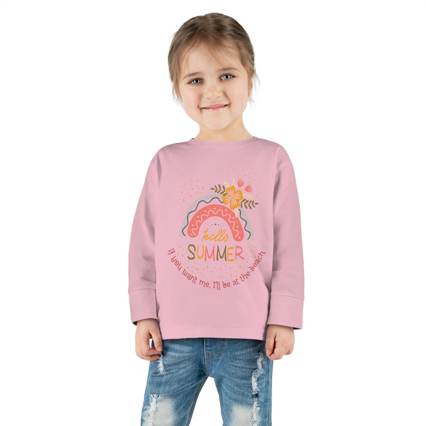 ‘If you want me, I’ll be at the beach’ Printed Front & Back. Toddler Long Sleeve Tee