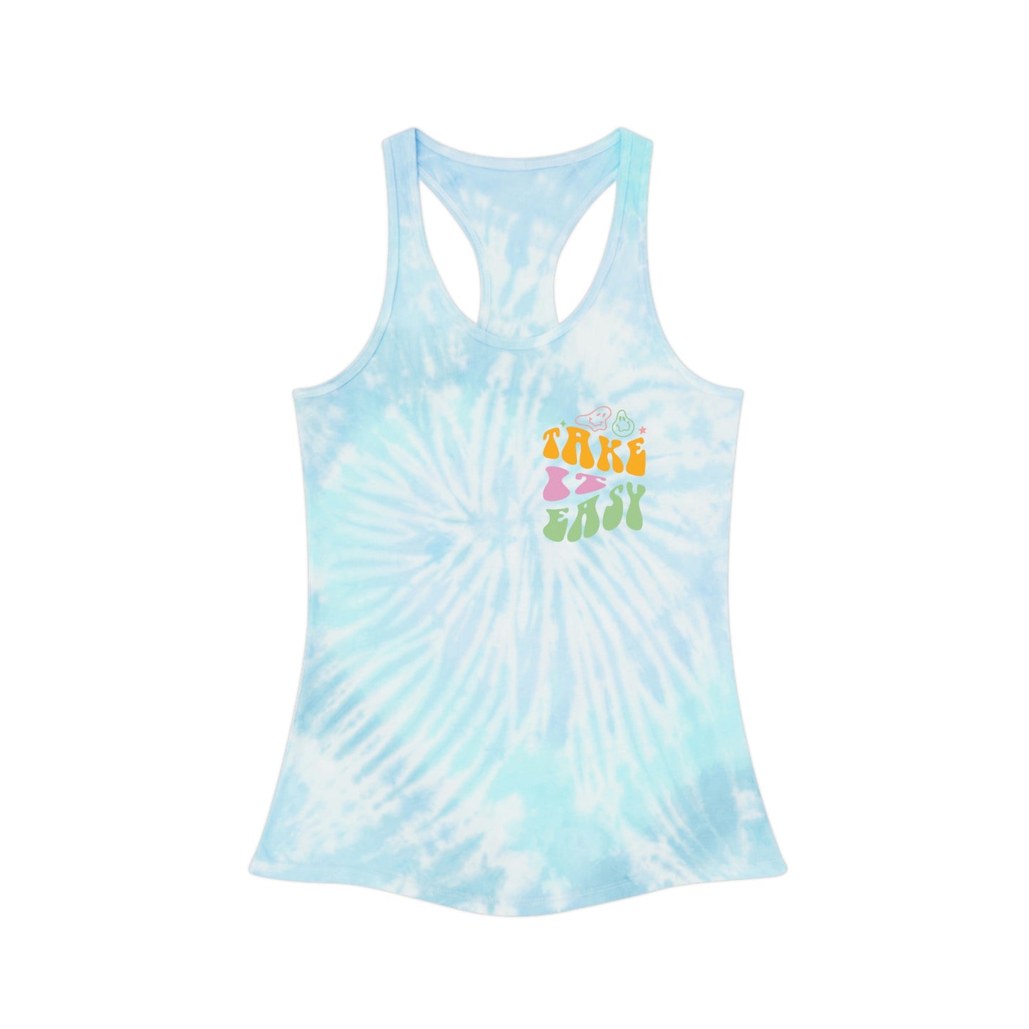 ‘Take it Easy’  PRINTED Front & Back  Tie Dye Racerback Tank Top