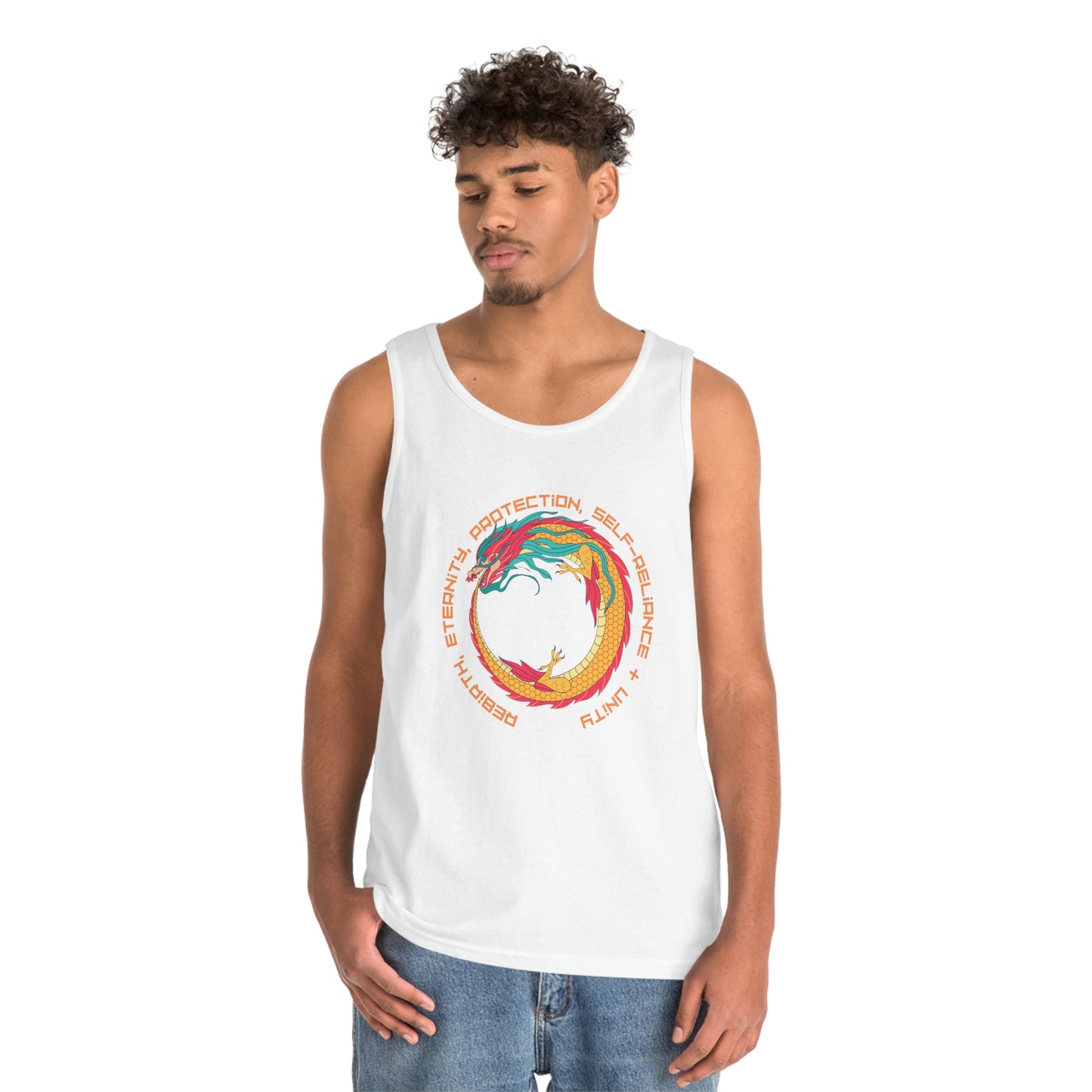 ‘The Ouroboros’ symbol of rebirth, eternity, protection, self-reliance & unity. Printed Front, Back. Unisex Heavy Cotton Tank Top