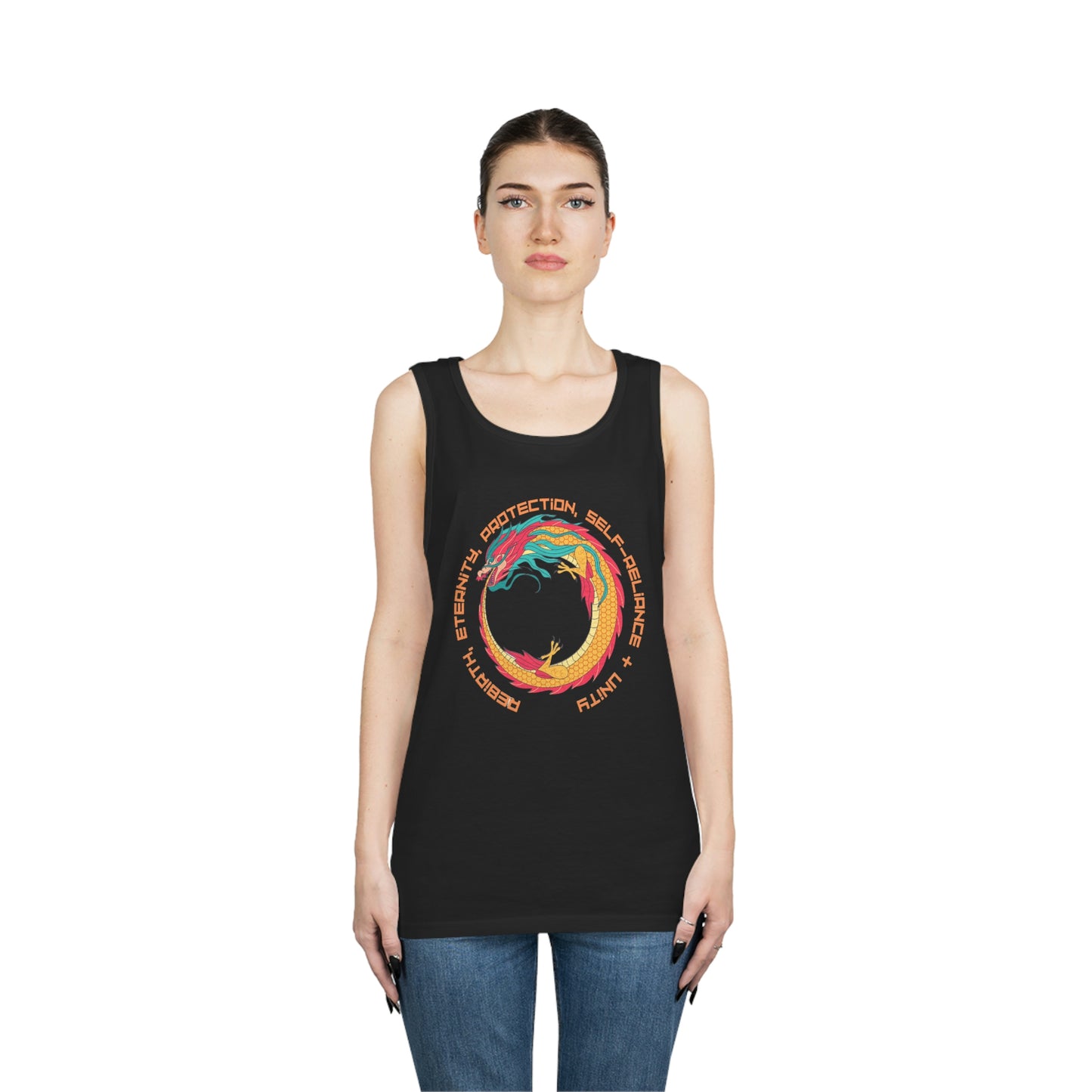 ‘The Ouroboros’ symbol of rebirth, eternity, protection, self-reliance & unity. Printed Front, Back. Unisex Heavy Cotton Tank Top