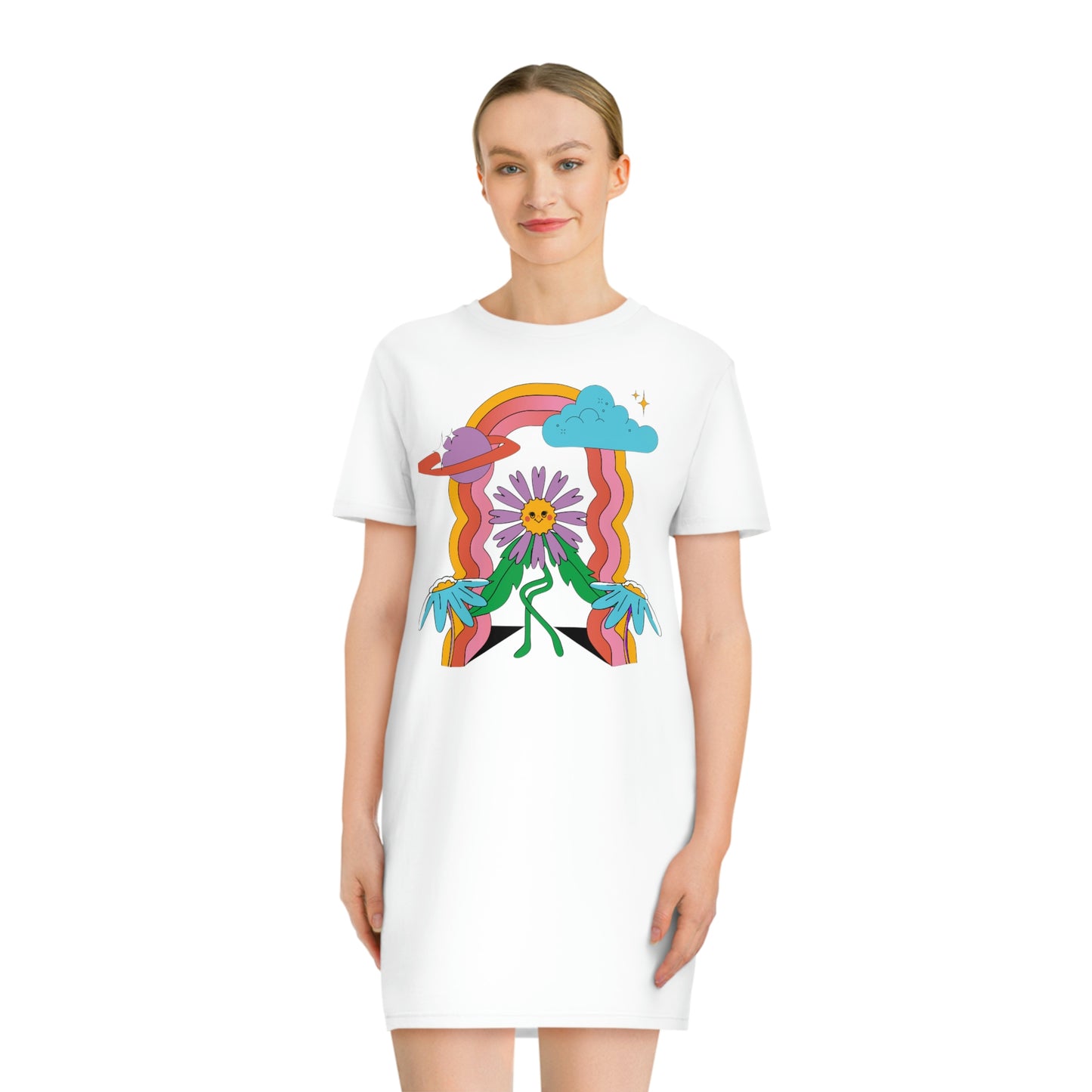 ‘Flower Power’ Printed on Both Sides. Spinner T-Shirt Dress