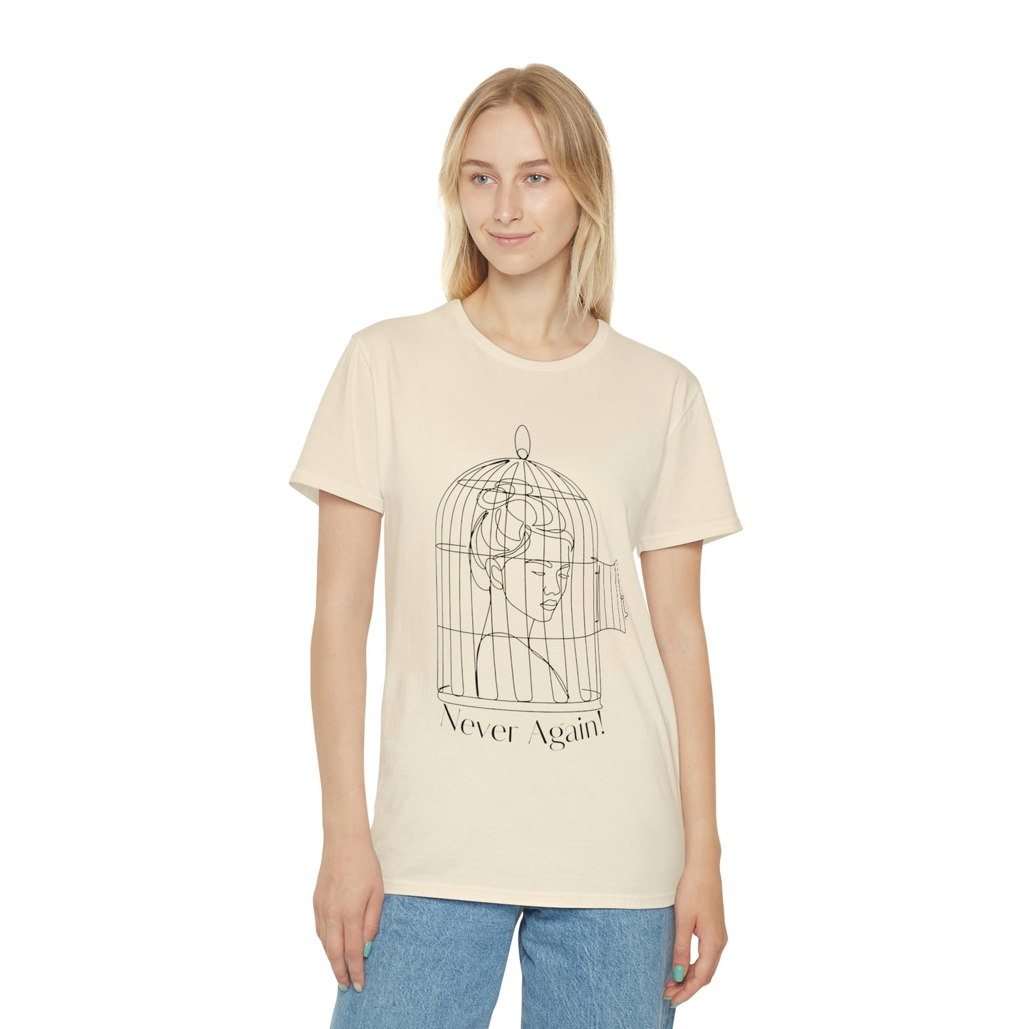 ‘Caged woman (front) See Me (back). Printed Front & Back.  Unisex Iconic T-Shirt