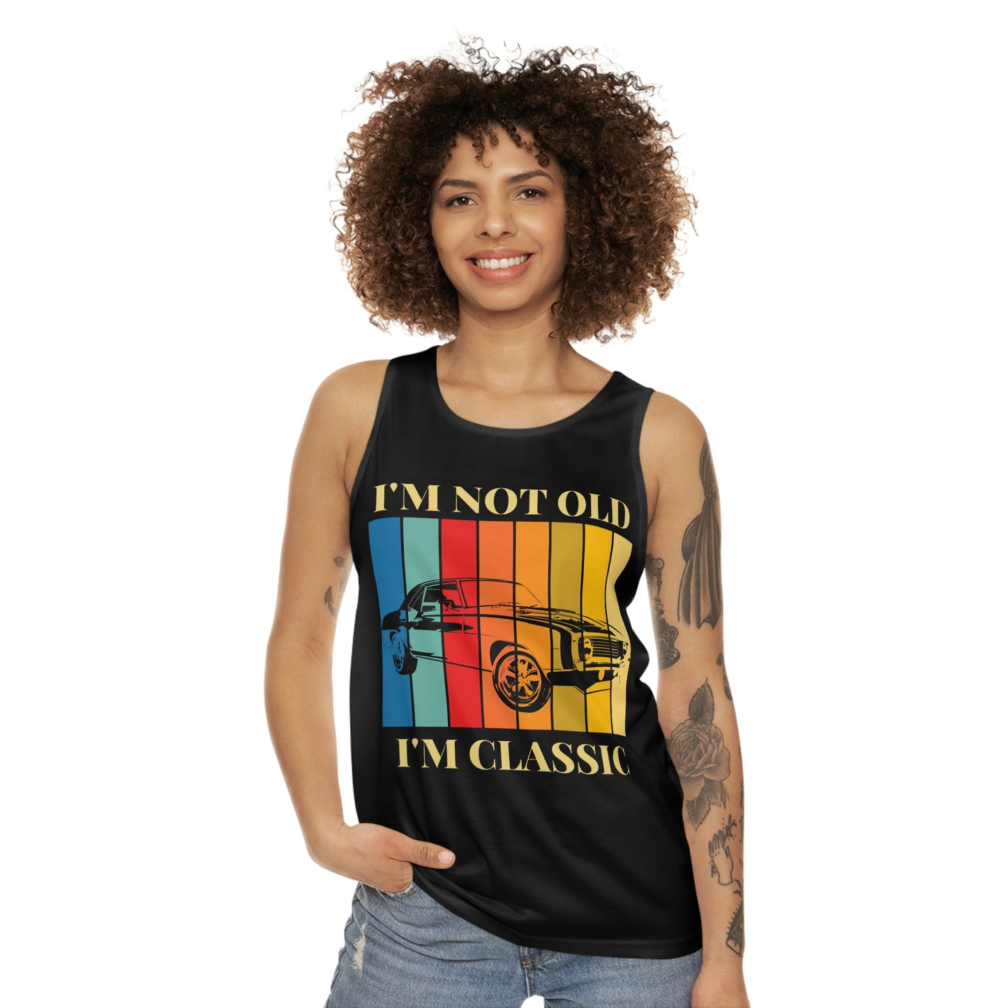 Camiseta de tirantes unisex 'No soy viejo, soy un clásico' (AOP)