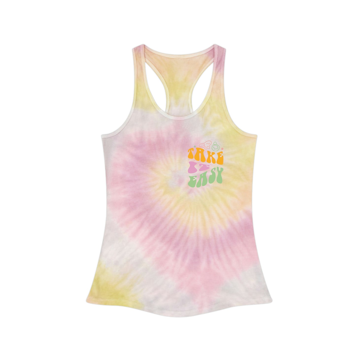 ‘Take it Easy’  PRINTED Front & Back  Tie Dye Racerback Tank Top