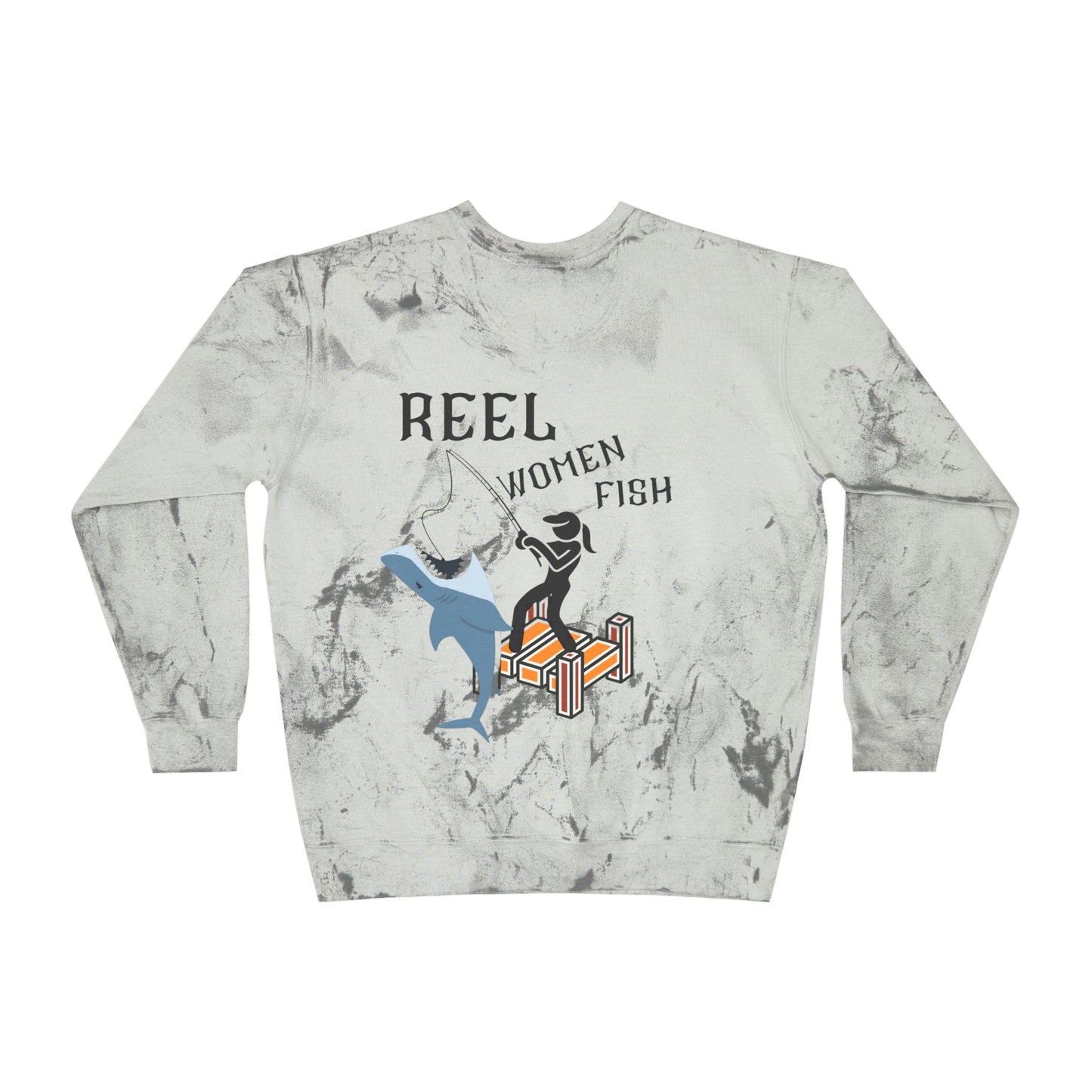 ‘Reel Women Fish’ Printed on both sides.  Unisex Color Blast Crewneck Sweatshirt