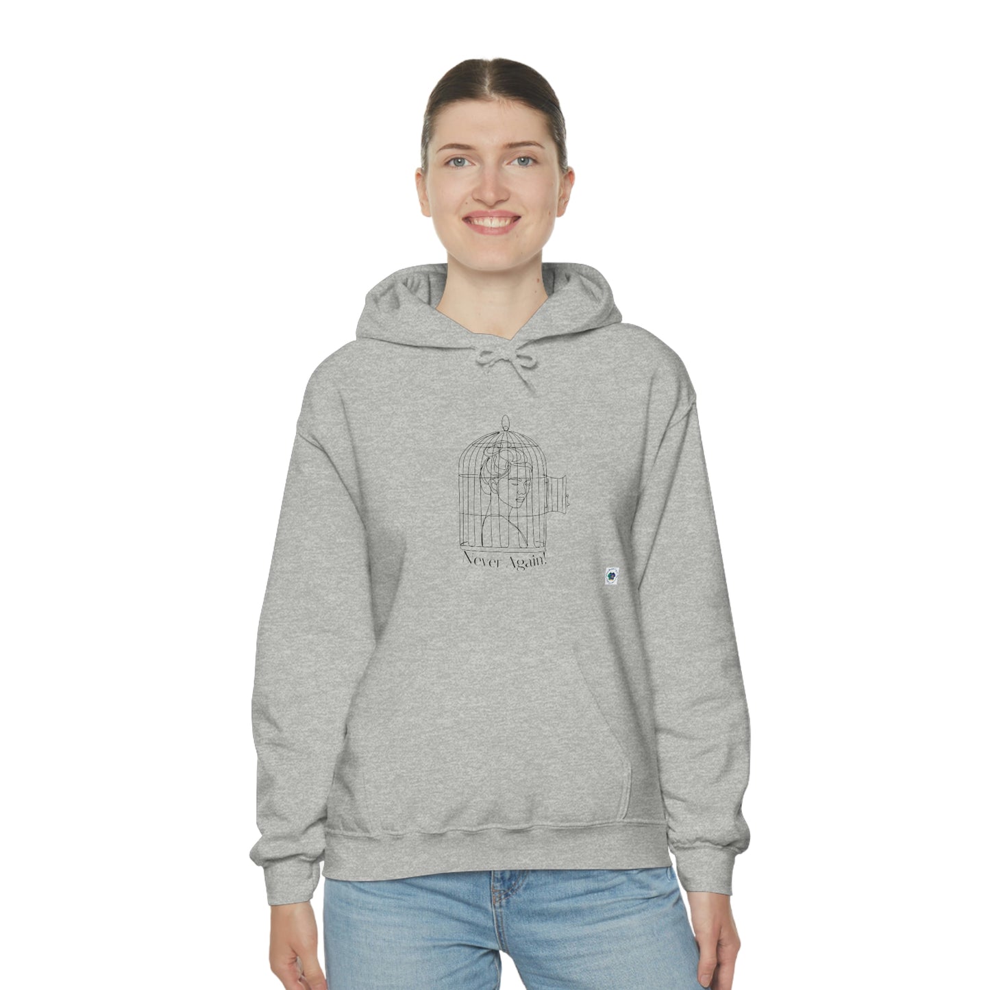 ‘Never Again’ Caged Woman. Printed Front & Back Unisex Heavy Blend™ Hooded Sweatshirt