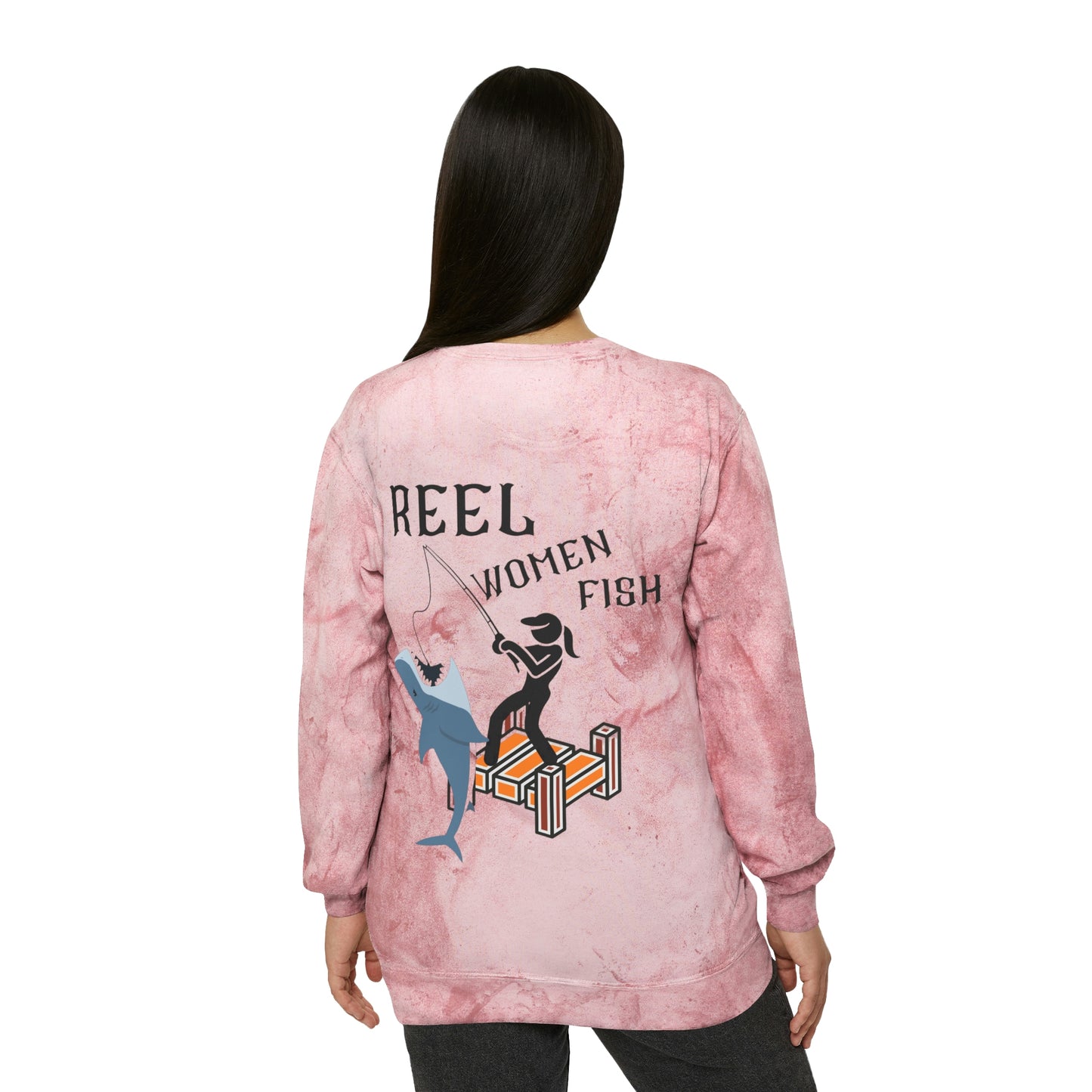 ‘Reel Women Fish’ Printed on both sides.  Unisex Color Blast Crewneck Sweatshirt