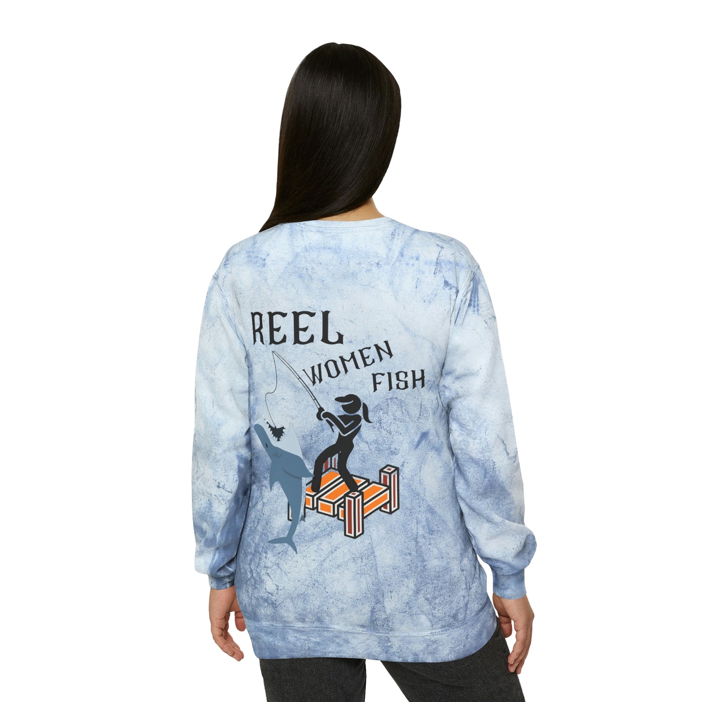 ‘Reel Women Fish’ Printed on both sides.  Unisex Color Blast Crewneck Sweatshirt