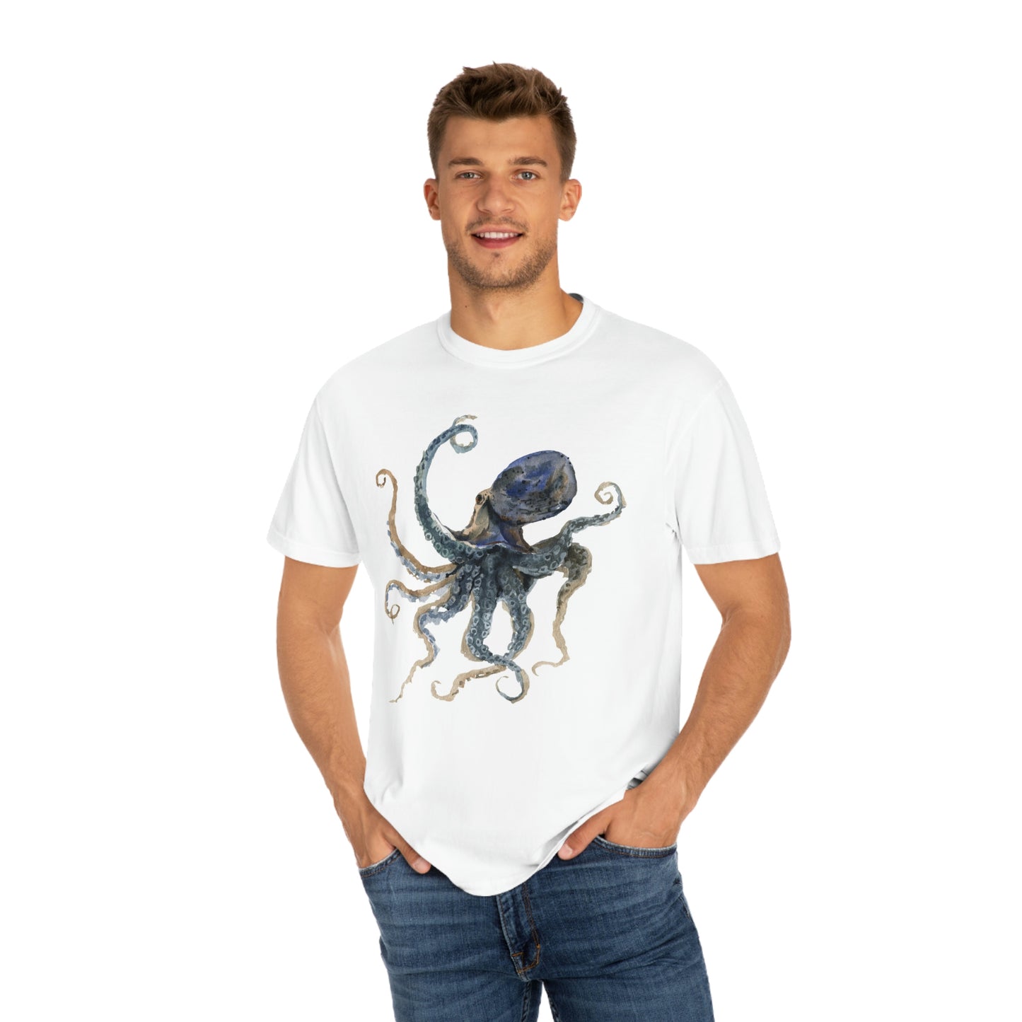 ‘Octopus’ Printed Front & Back.   Unisex Garment-Dyed T-shirt