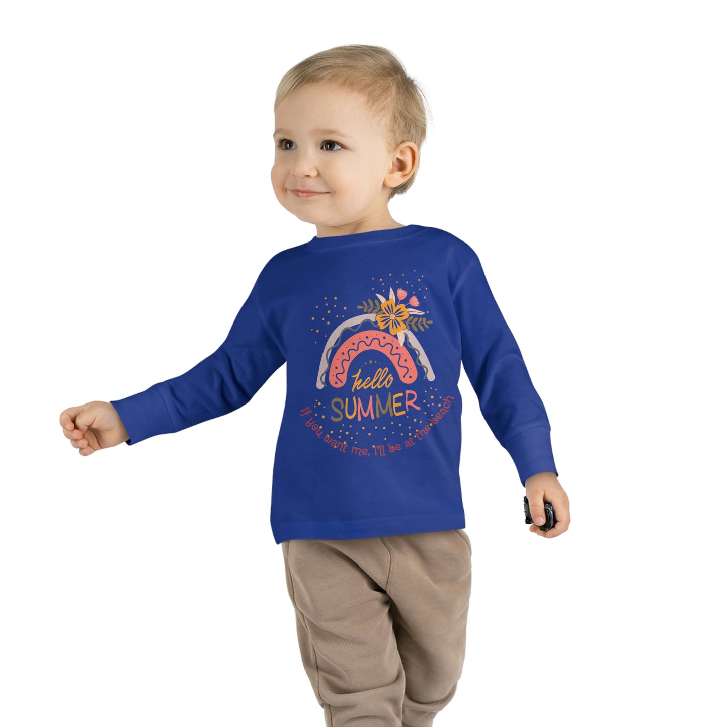 ‘If you want me, I’ll be at the beach’ Printed Front & Back. Toddler Long Sleeve Tee