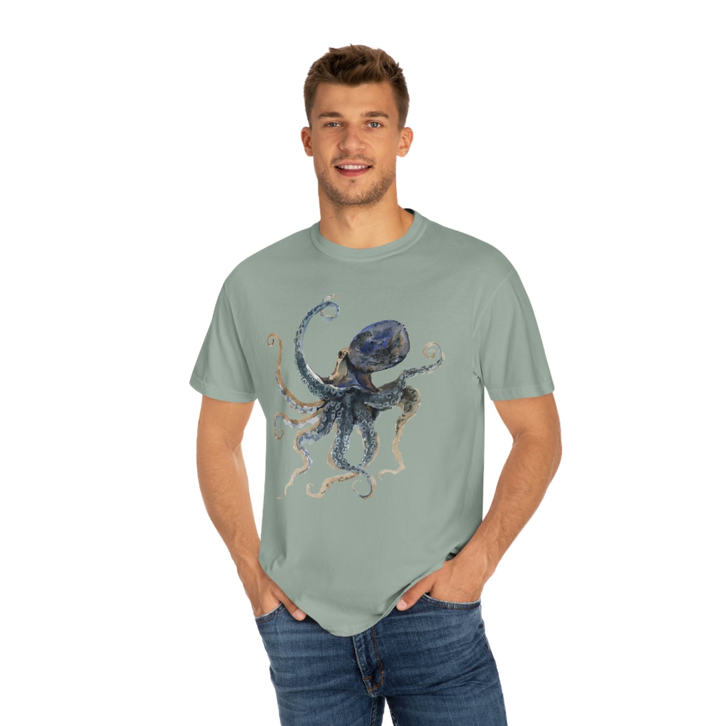 ‘Octopus’ Printed Front & Back.   Unisex Garment-Dyed T-shirt