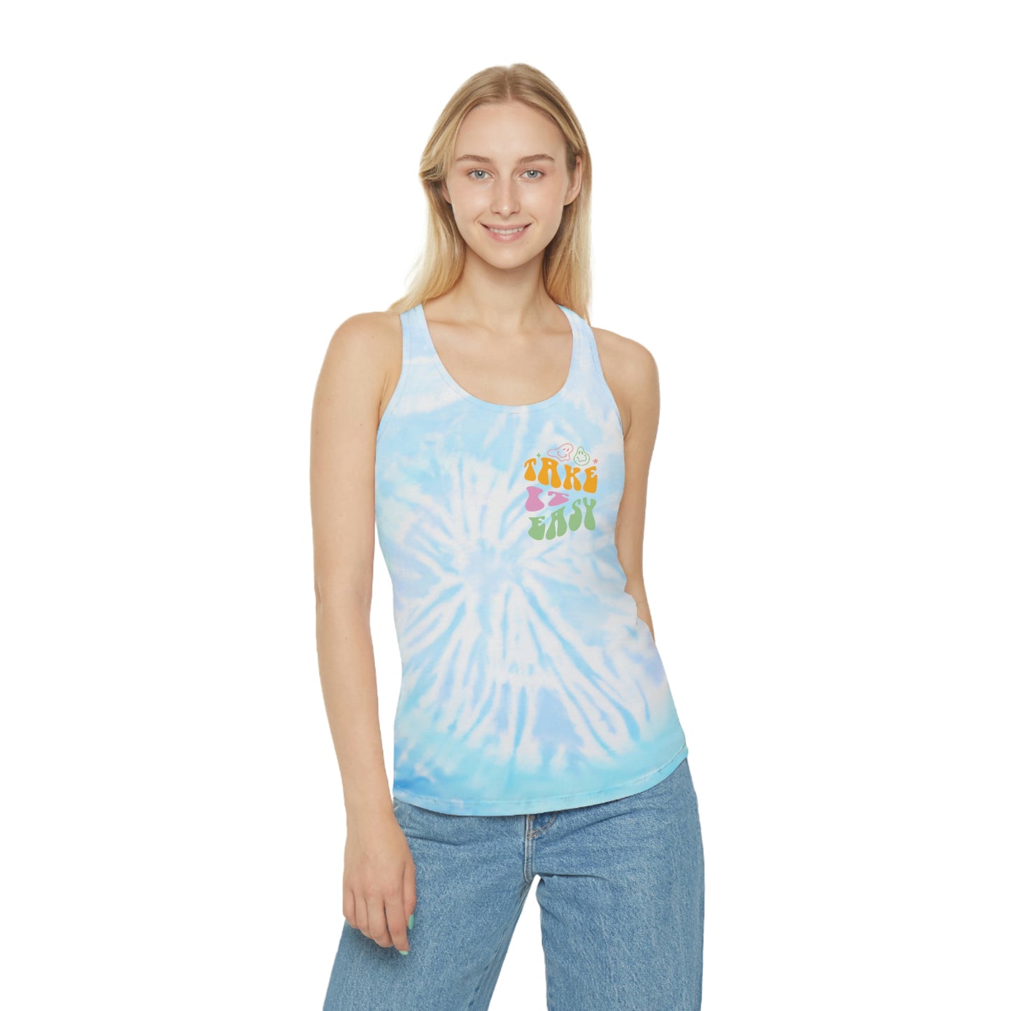 ‘Take it Easy’  PRINTED Front & Back  Tie Dye Racerback Tank Top