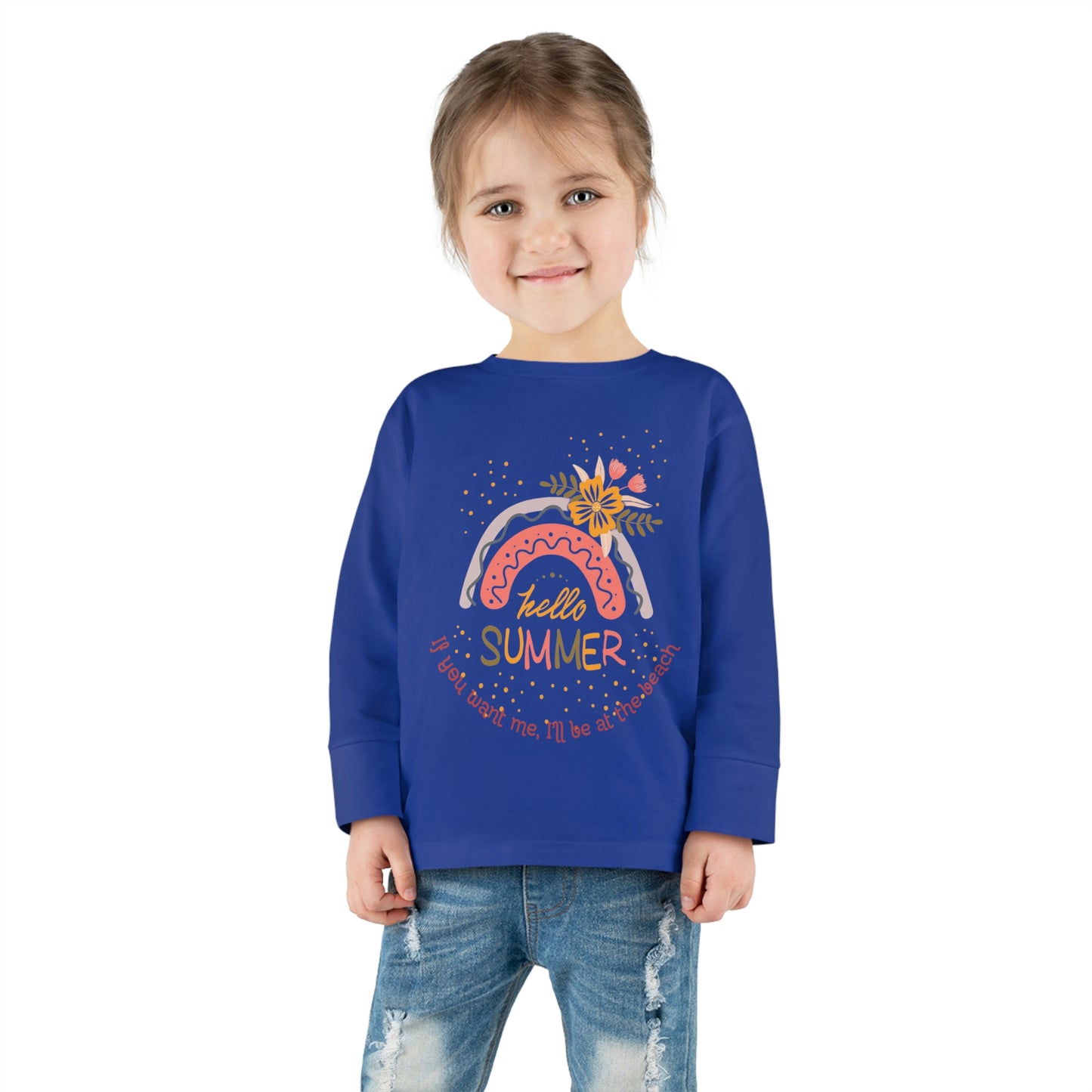 ‘If you want me, I’ll be at the beach’ Printed Front & Back. Toddler Long Sleeve Tee