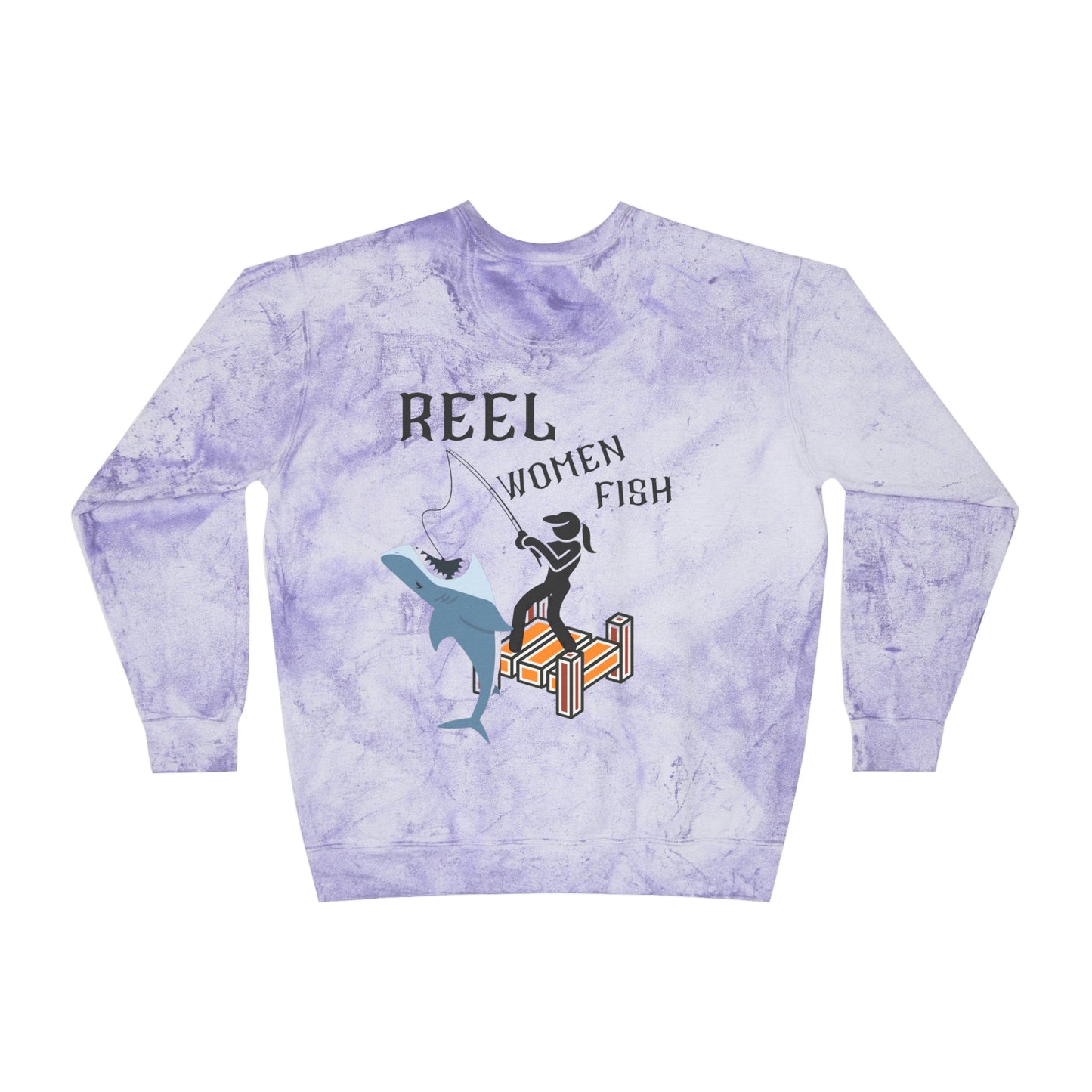 ‘Reel Women Fish’ Printed on both sides.  Unisex Color Blast Crewneck Sweatshirt