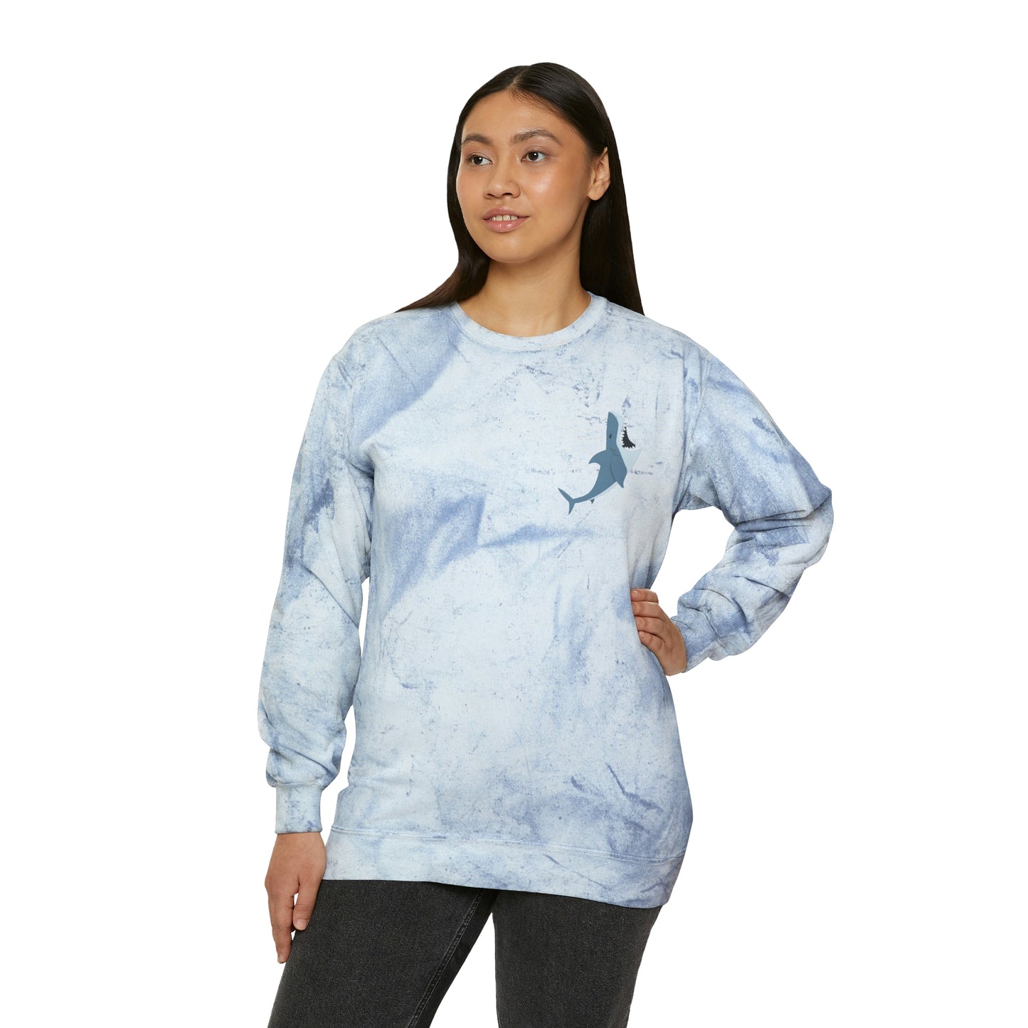 ‘Reel Women Fish’ Printed on both sides.  Unisex Color Blast Crewneck Sweatshirt