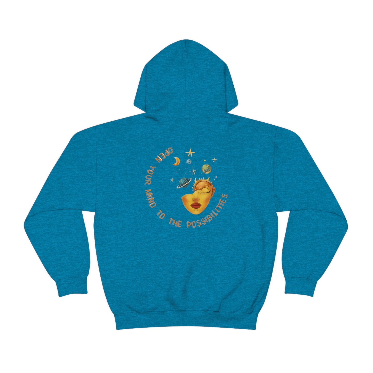 Open your mind to the possibilities’ Printed Front & Back.  Unisex Heavy Blend™ Hooded Sweatshirt