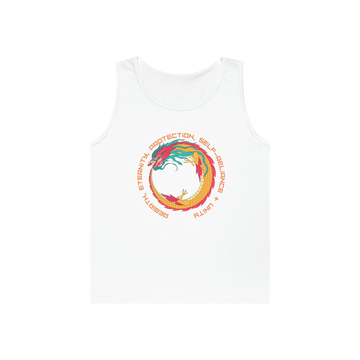 ‘The Ouroboros’ symbol of rebirth, eternity, protection, self-reliance & unity. Printed Front, Back. Unisex Heavy Cotton Tank Top